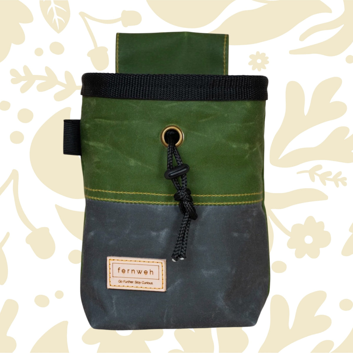 Fernweh UK Moss/Scree waxed canvas chalk bag, black trim, tan Fernweh label, drawstring closure—climbing gym essential.