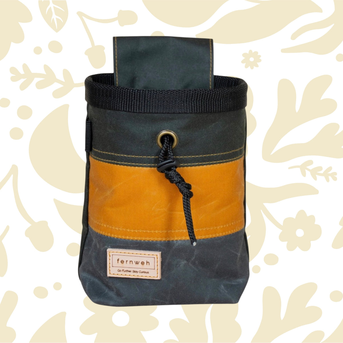 Fernweh UK Waxed Canvas Chalk Bag in Sand/Scree, Scottish handcrafted climbing gear on floral background, premium quality.