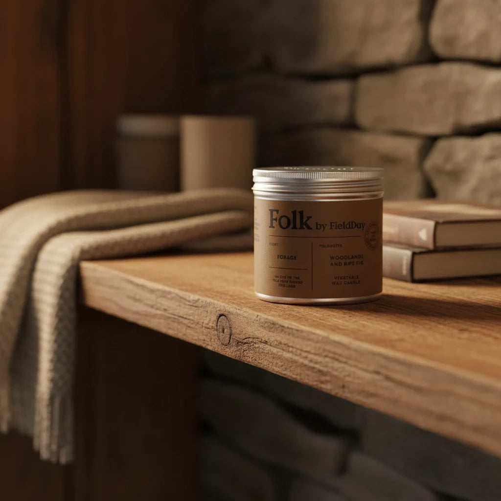 Fieldday Ireland Forage brown tin candle with brand label on a neutral background, luxury Irish soy scent, eco-friendly home décor.