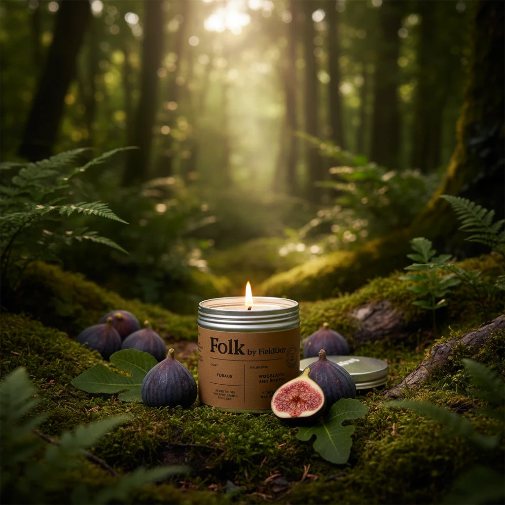 Fieldday Ireland Forage Tin Candle displayed on a beige surface, lid nearby. Premium Irish soy candle, perfect home fragrance decor.