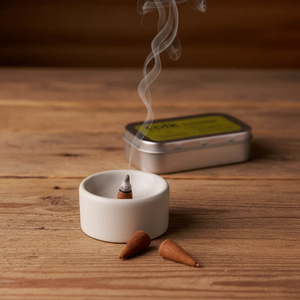 Fieldday Ireland Kin Folk Incense tin burning in holder, filling the air with fresh natural essential oil fragrance and aroma.