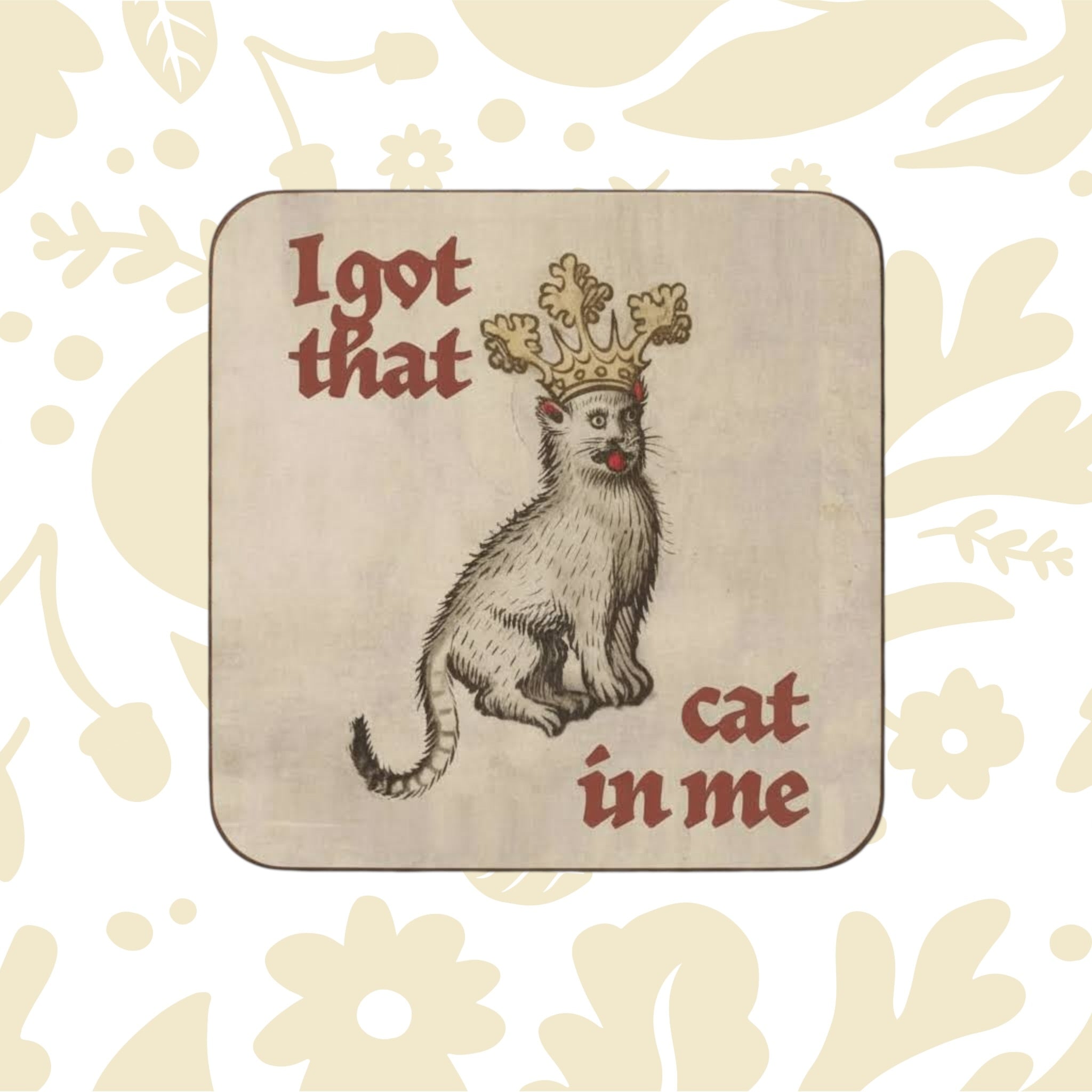 Medieval cat coaster by Betiobca featuring a funny antlered cat, unique cat lover gift, whimsical home decor accessory.