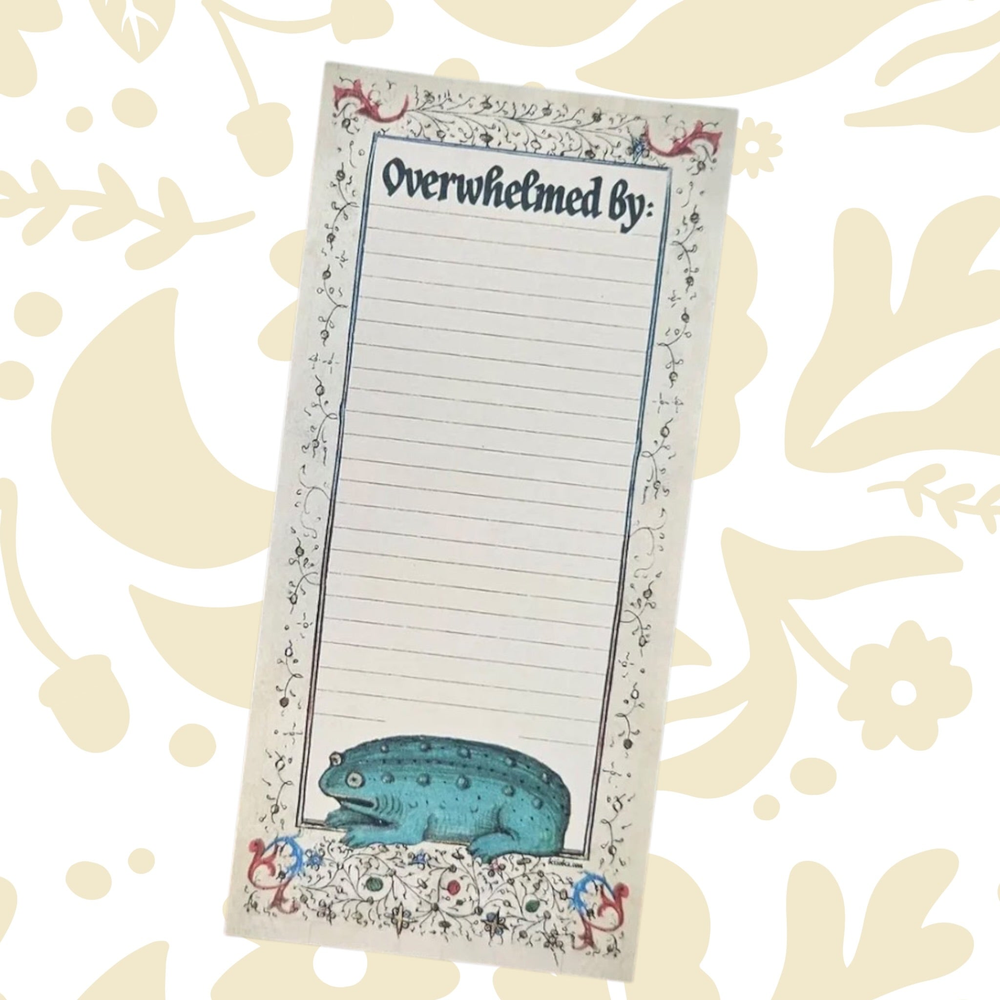 Betiobca Overwhelmed By Medieval Frog Notepad with blue frog art, illuminated manuscript style, unique stationery gift.