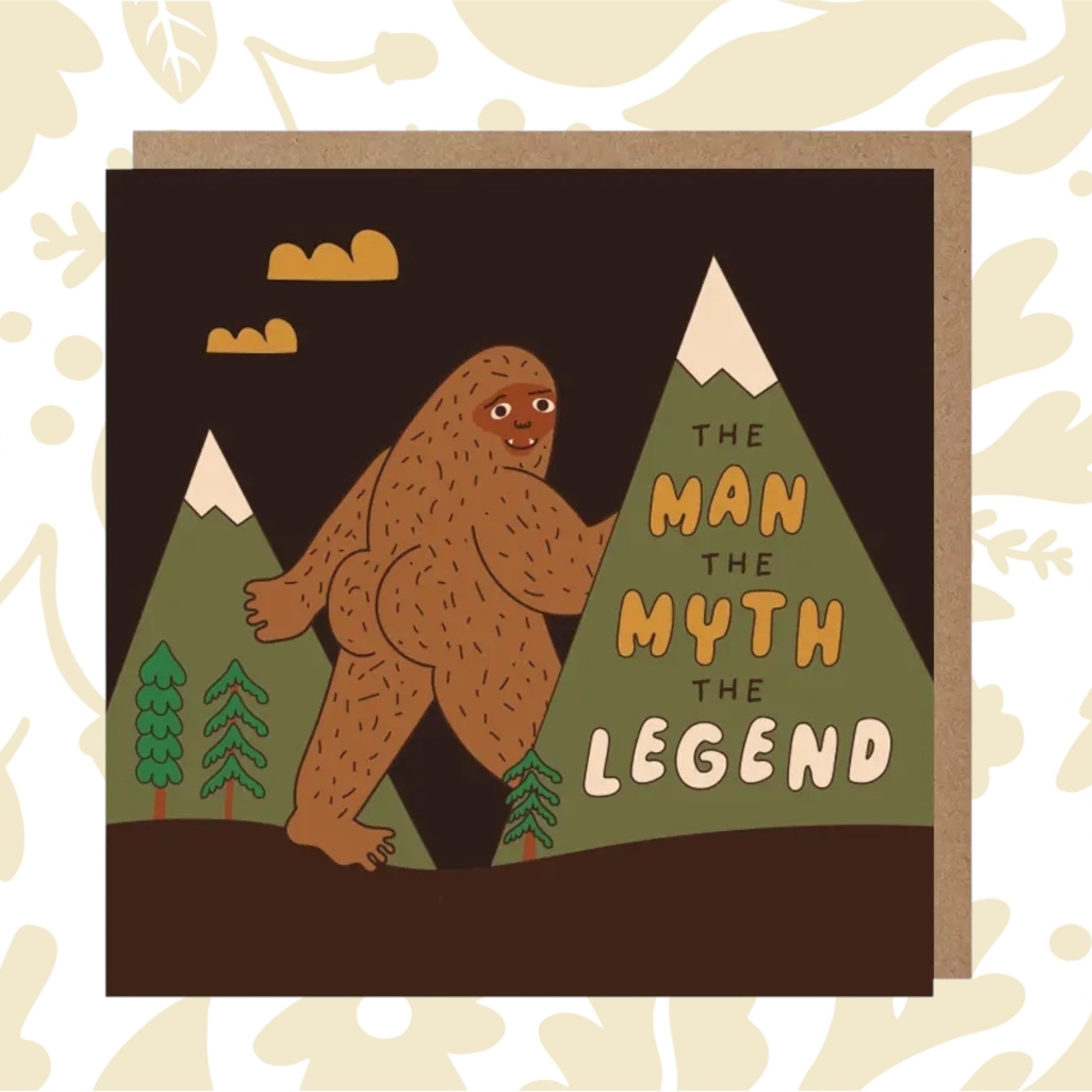 Betiobca Bigfoot Card: “The Man, The Myth, The Legend” with Bigfoot and mountain illustration. Perfect for Sasquatch fans!.