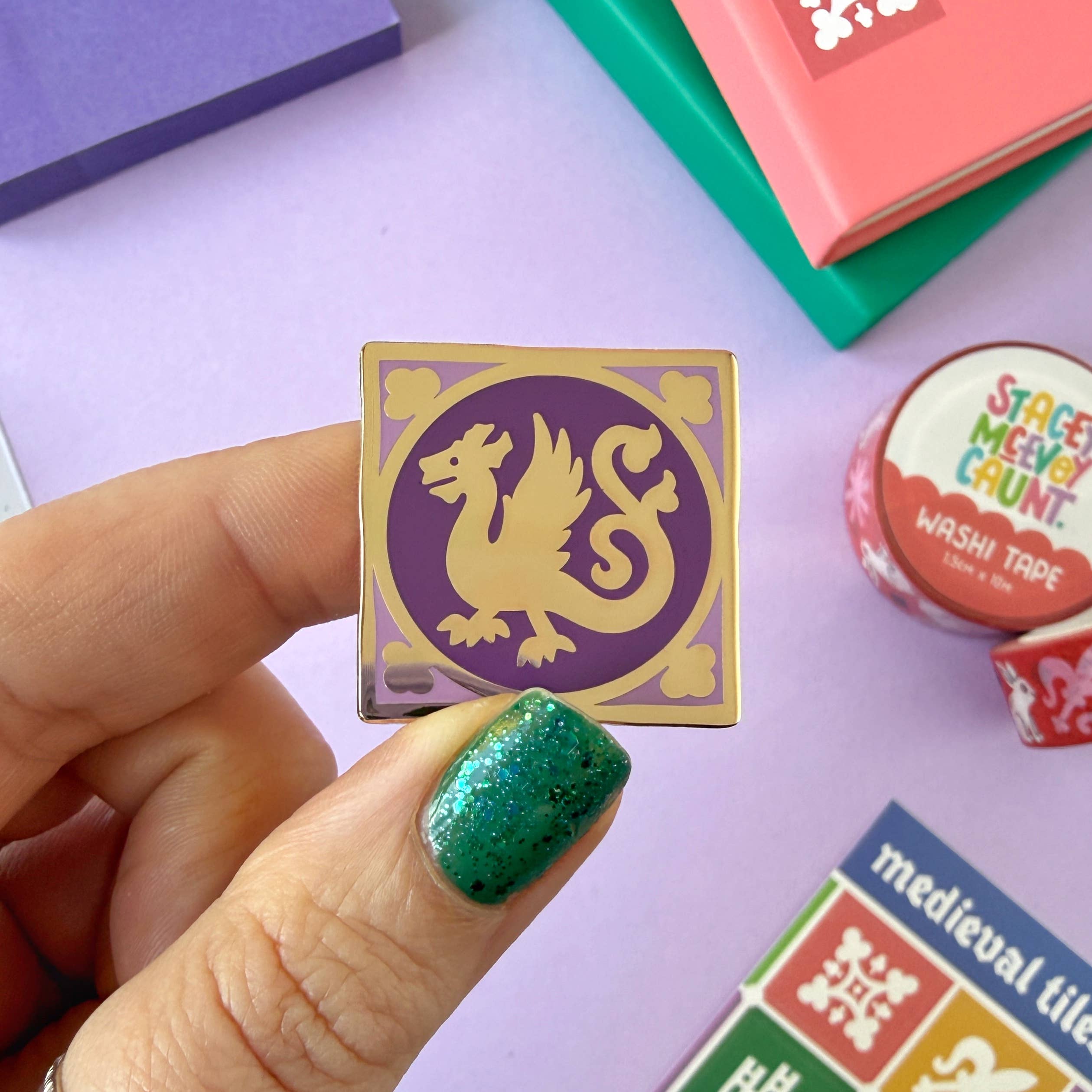 Stacey McEvoy Caunt Purple Drago Dragon Medieval Tile Enamel Pin