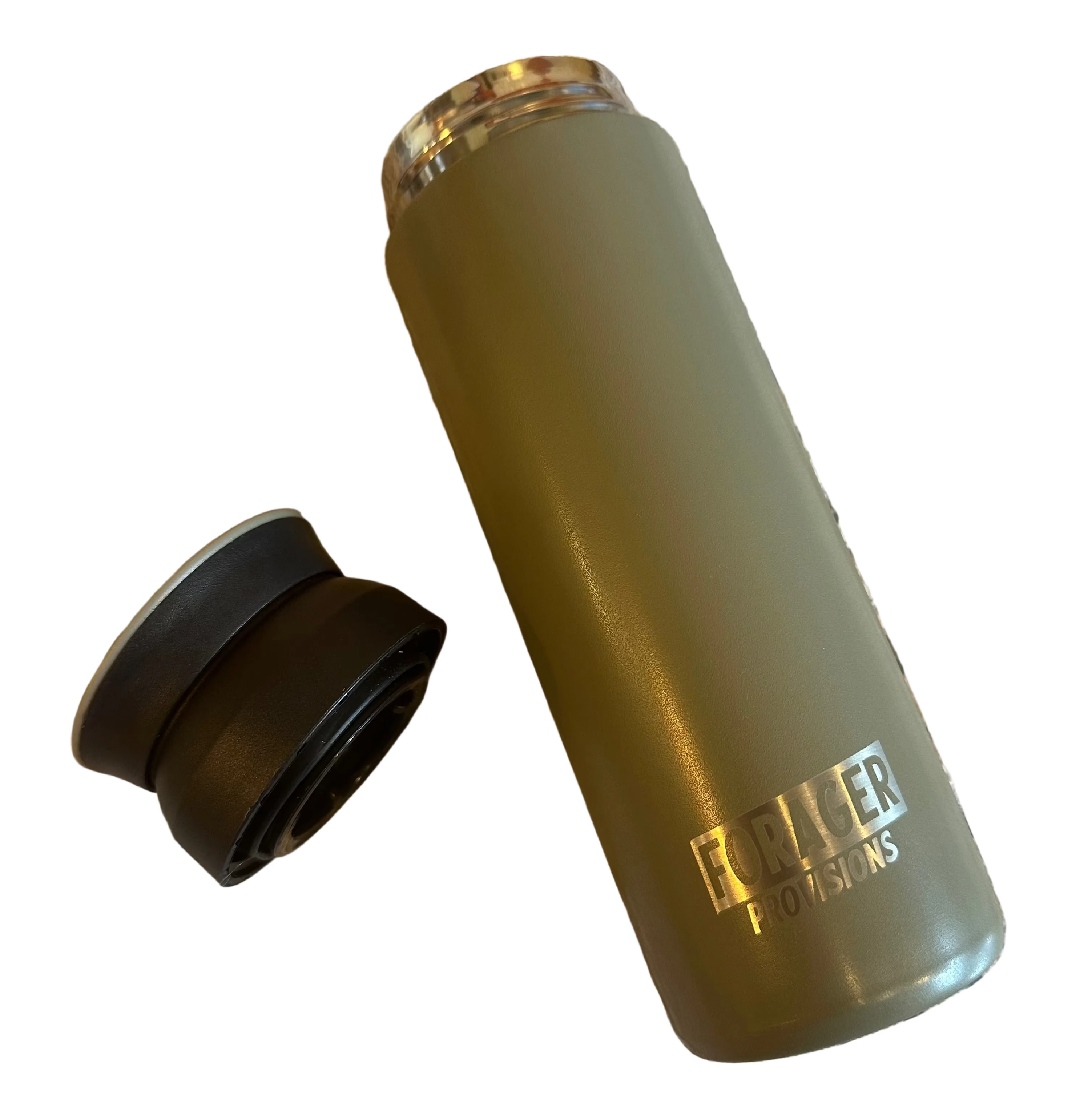 Metallic green thermos with black cap on a white background