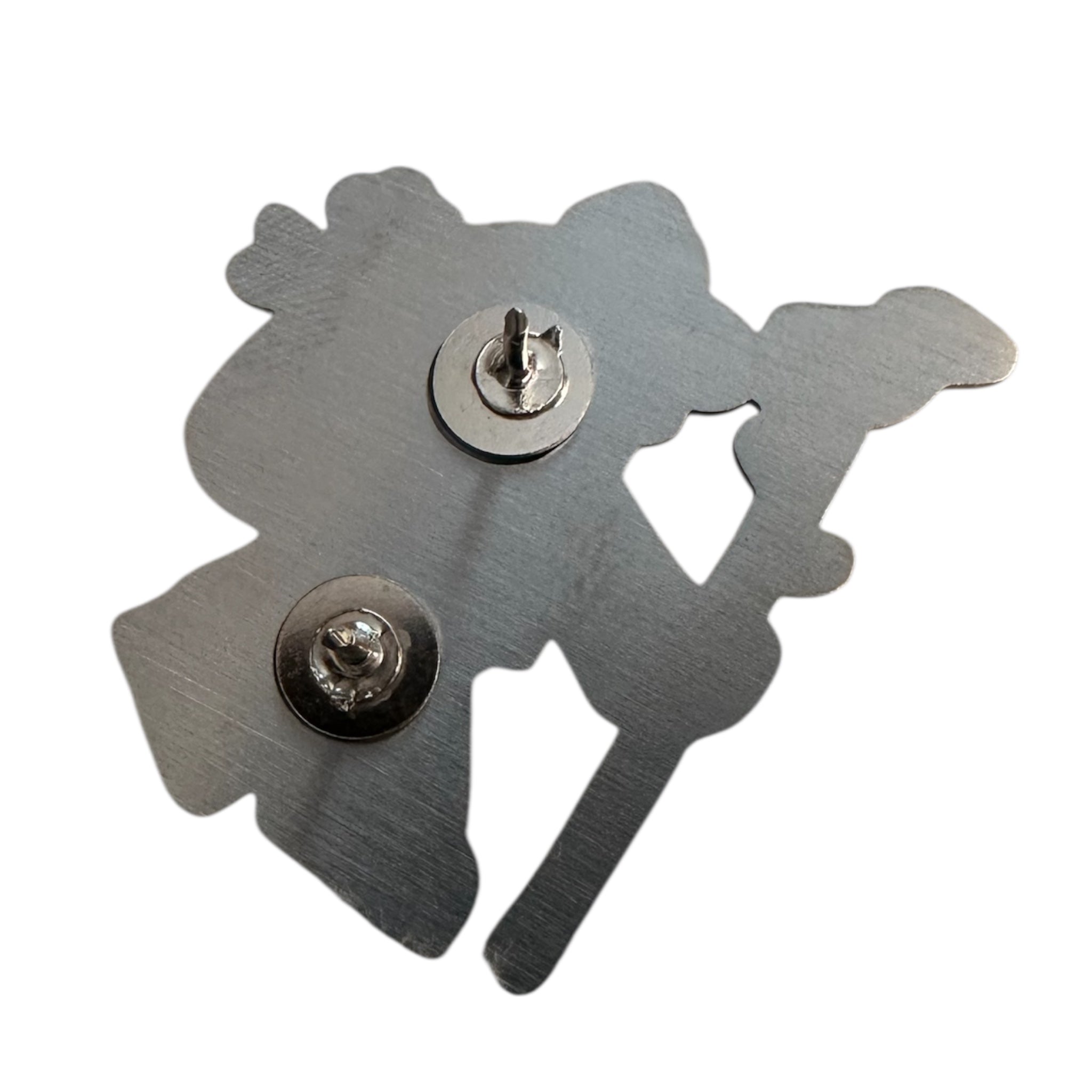 Forager Provisions 40mm stainless steel pin badge, person with staff design, dual clasps, displayed on white background.