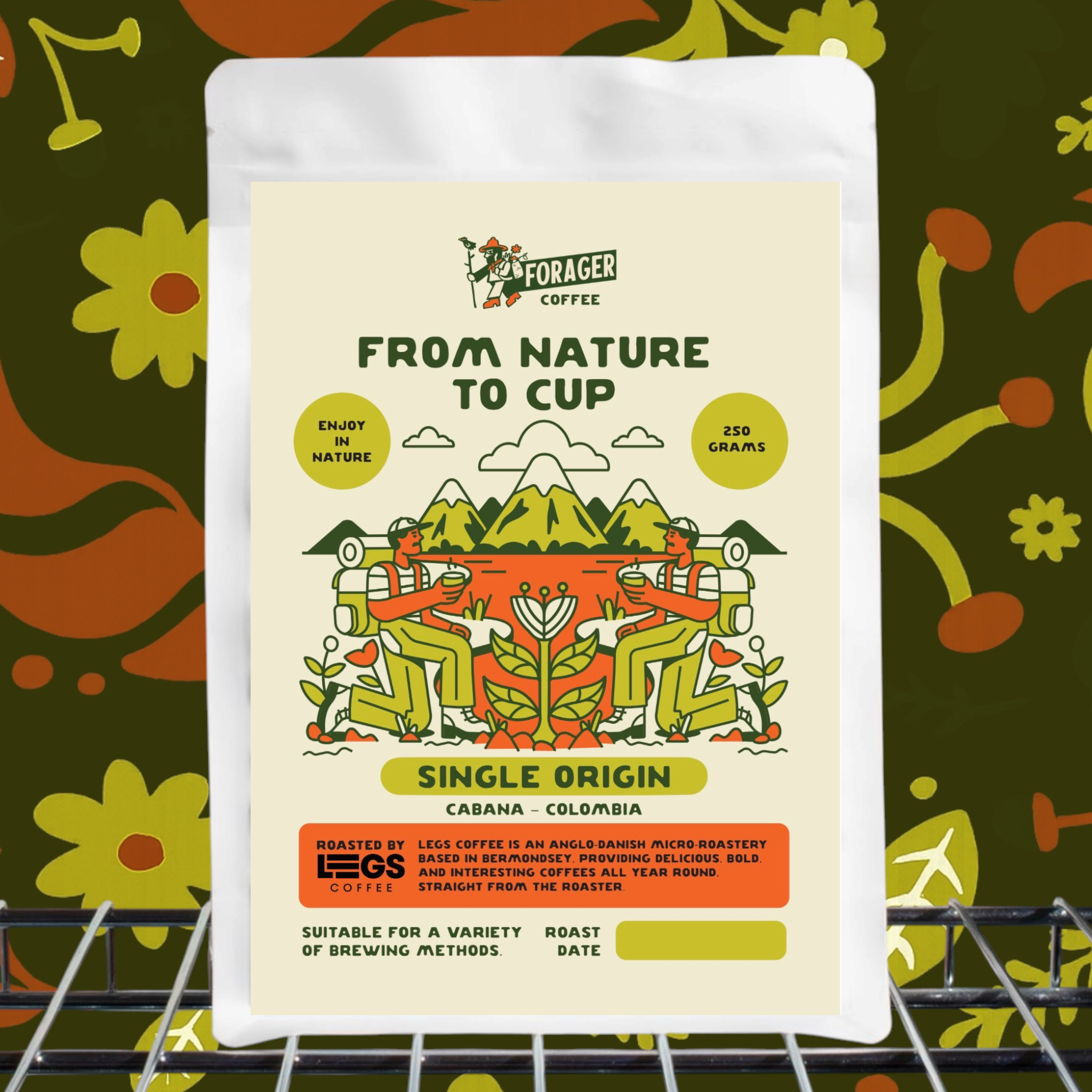 Forager Provisions Single Origin coffee bag 250g with outdoor scenes sits on a wire shelf, artisan gourmet coffee beans.