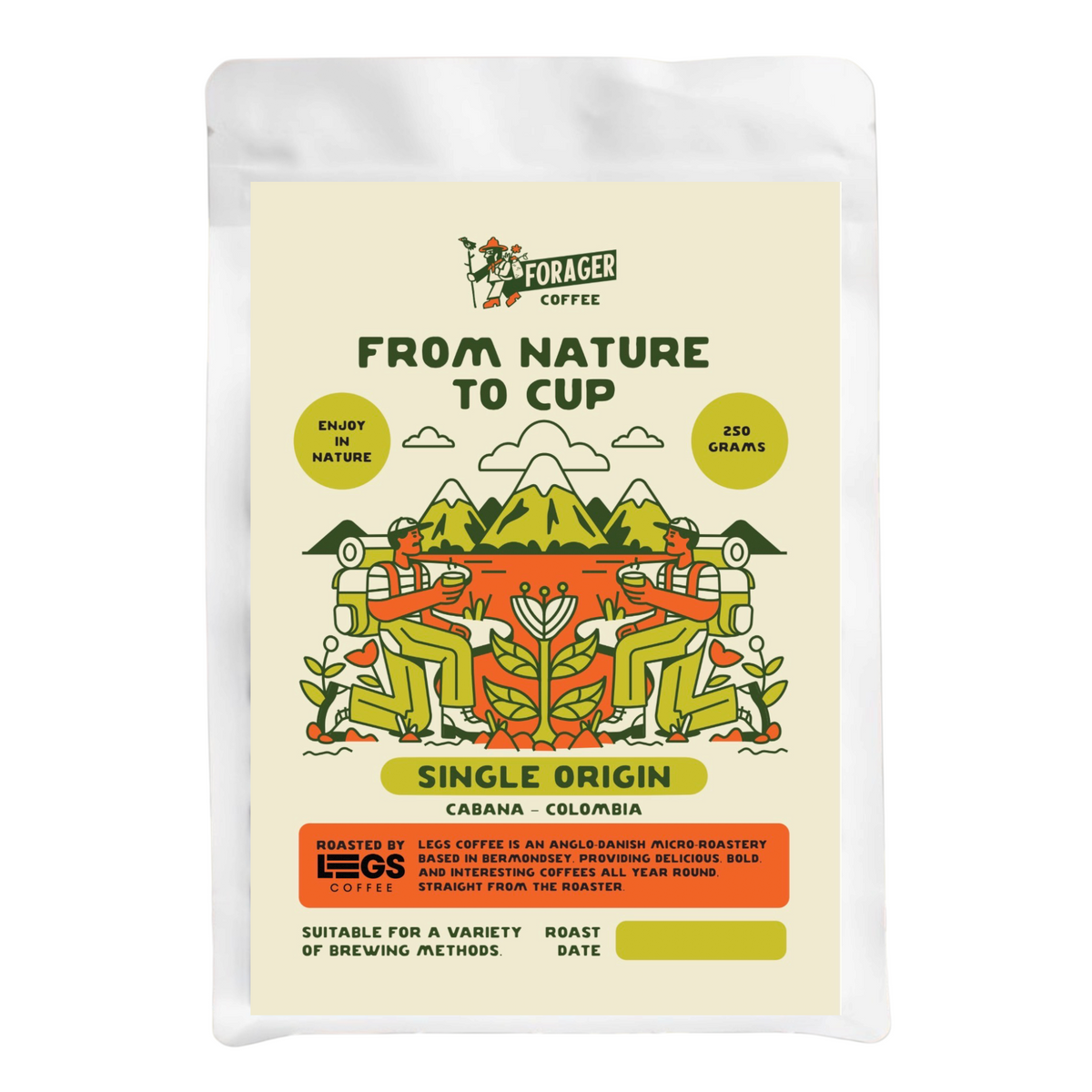 Forager Provisions 250g single origin coffee beans with outdoor-themed label featuring two people enjoying fresh coffee.