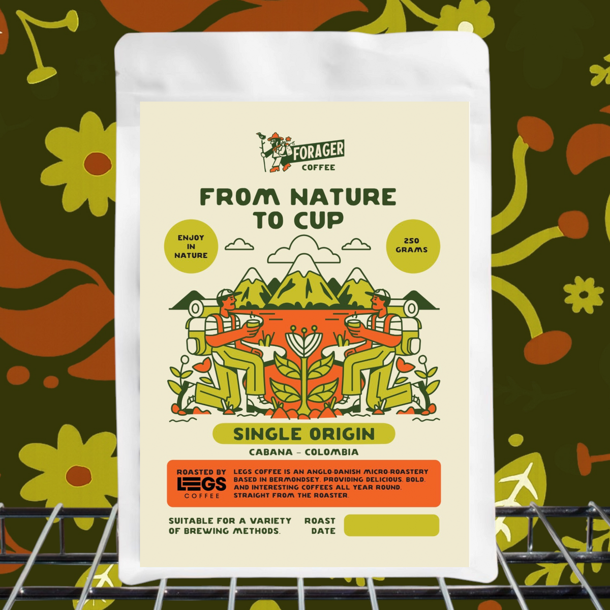 Forager Provisions x Legs Coffee 250g Single Origin Colombian Beans on floral shelf, premium craft coffee Cabana origin.