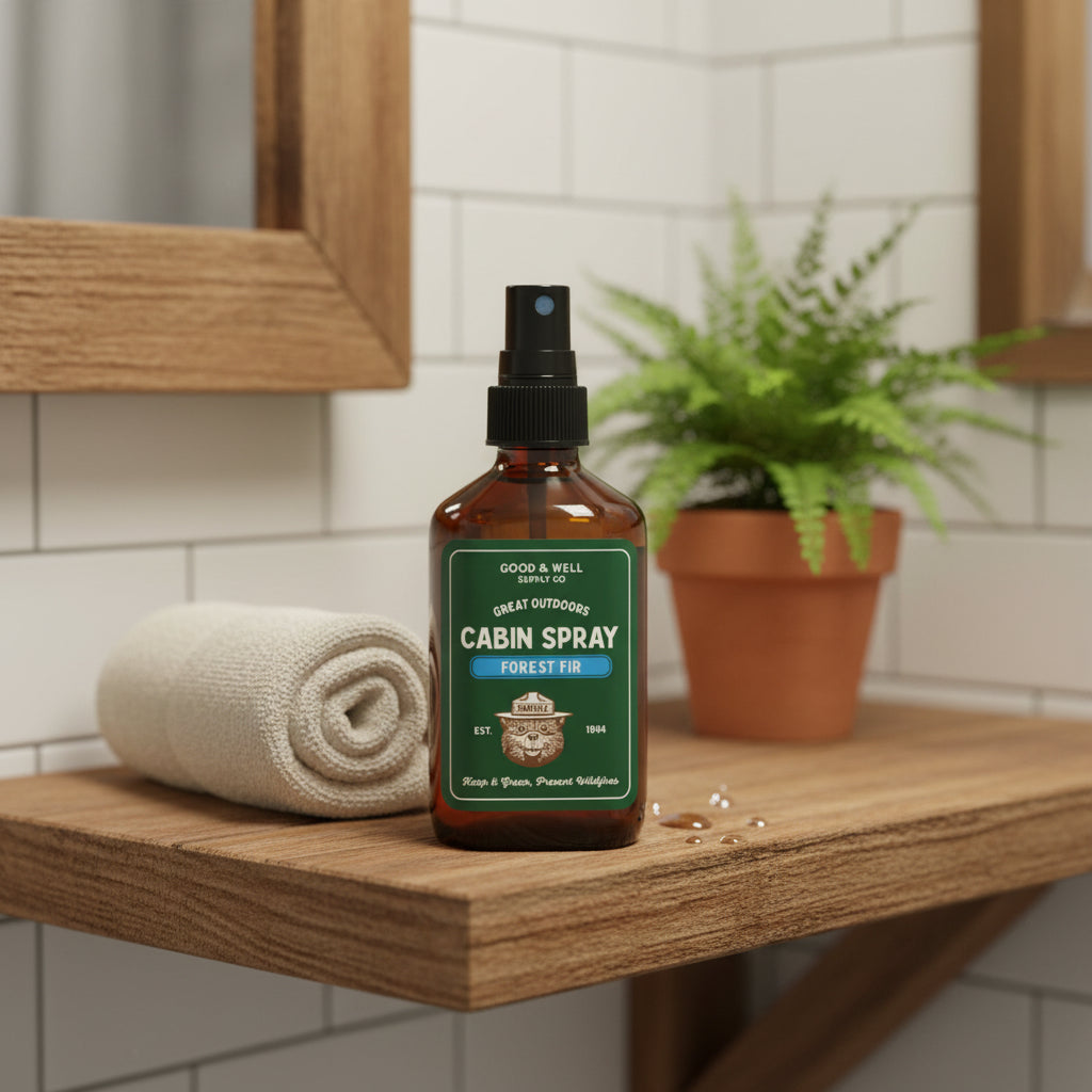 Good & Well Supply Co Forest Fir Smokey Bear Cabin Spray on shelf with soft towel and potted fern, home fragrance decor.