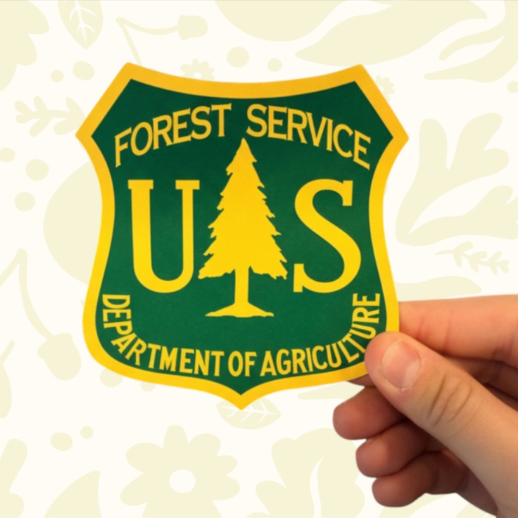 Hand holds The Sawmill Shop Made in USA US Forest Service Wood Shield 5x3” against a patterned backdrop, closeup.