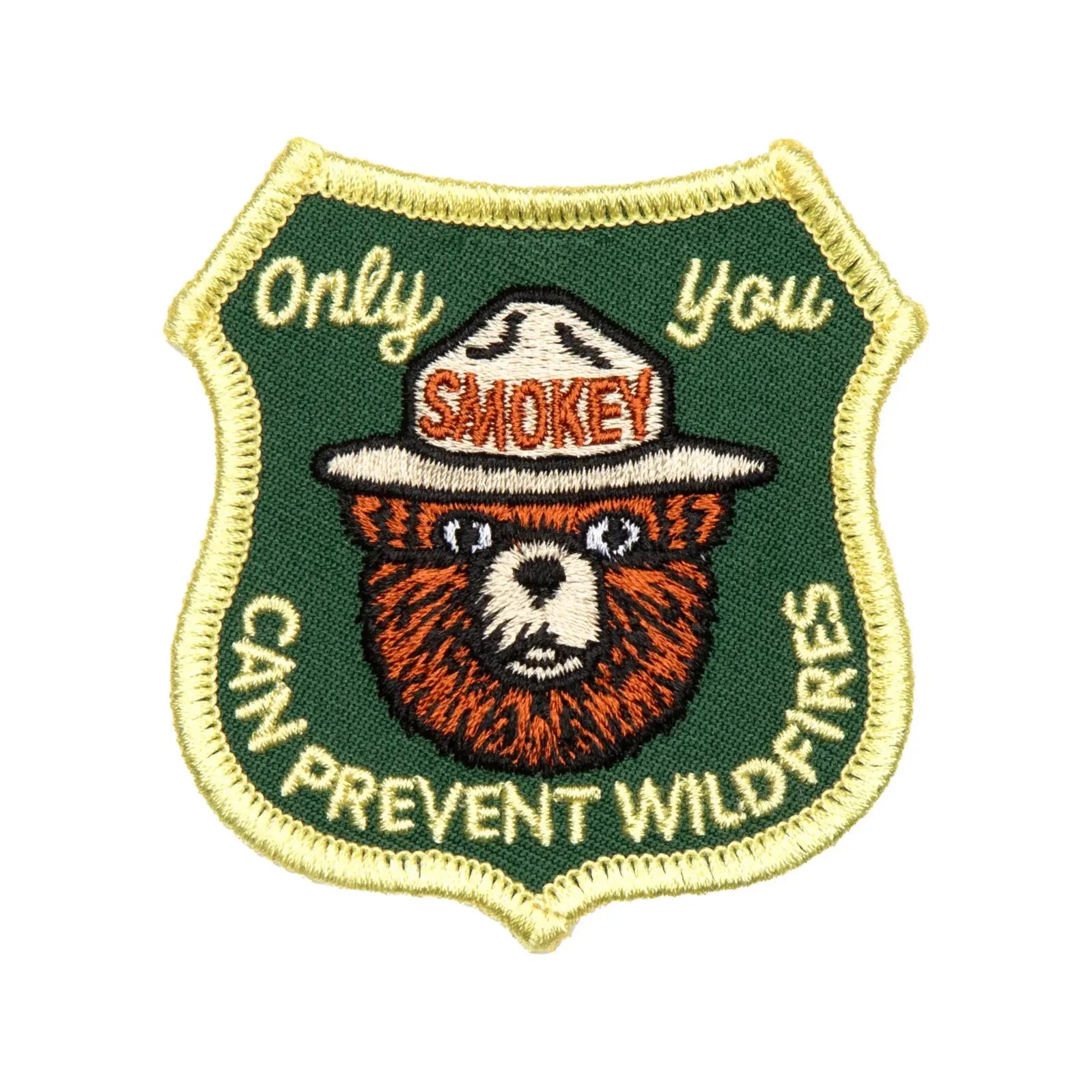 The Landmark Project Smokey Bear Patch - Only You Forestry features an embroidered depiction of Smokey Bear wearing his iconic hat with the text "Smokey" and is surrounded by the phrase "Only You Can Prevent Wildfires," underscoring the message of wildfire prevention.