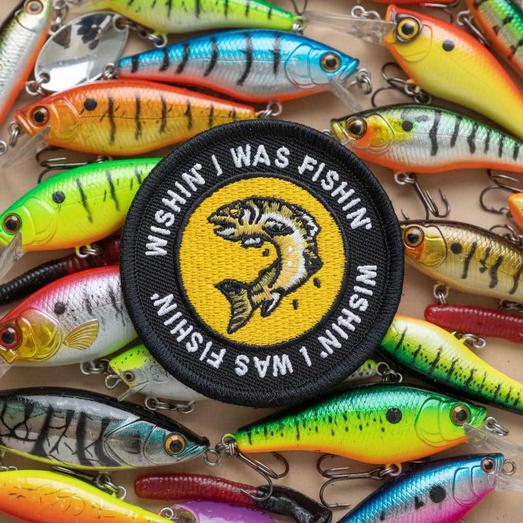 Union Made Circle Iron On Patch - Wishing I was Fishing