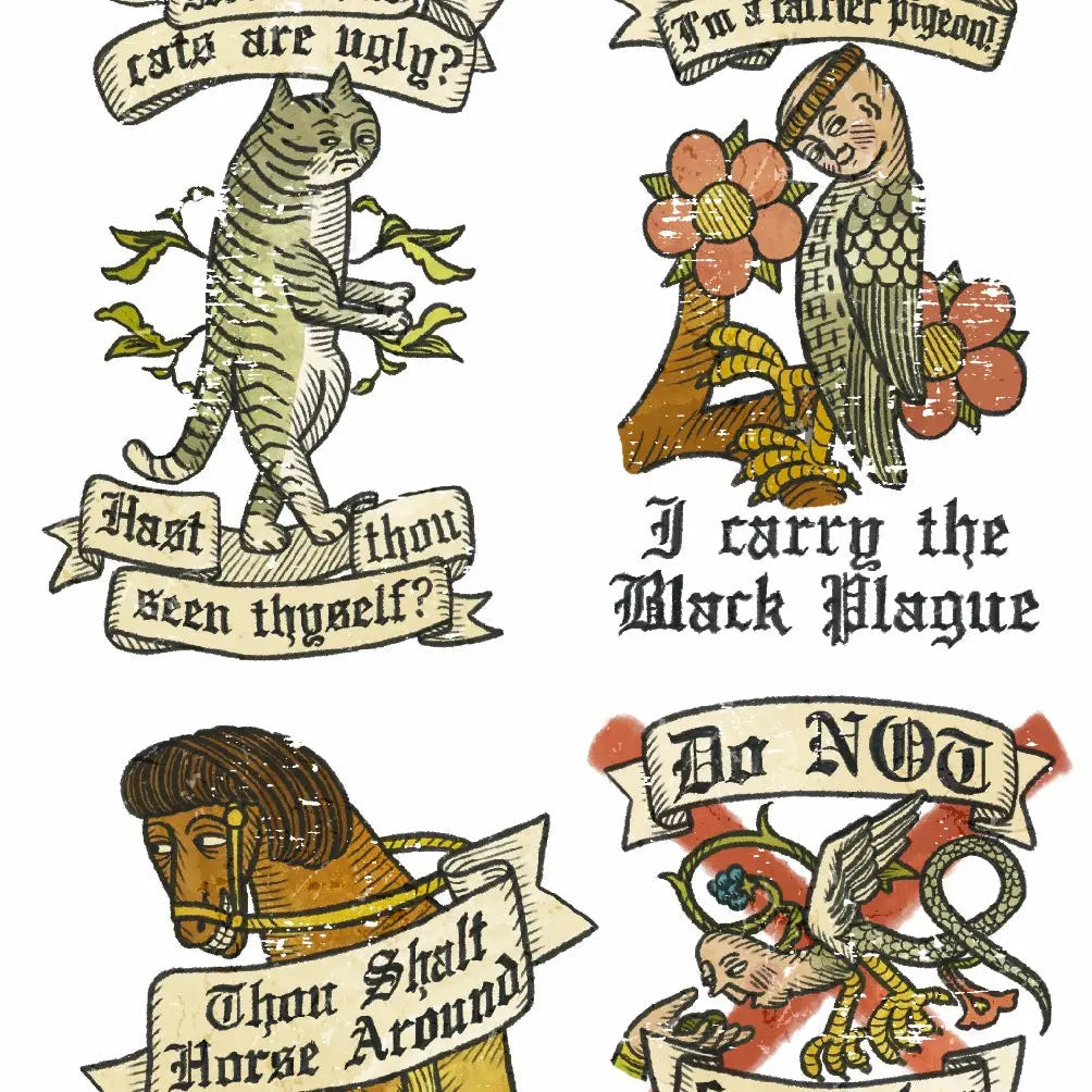Forager Provisions LTD Clarice Tudor medieval temporary tattoo sheet with illustrated cats, birds, and funny text.