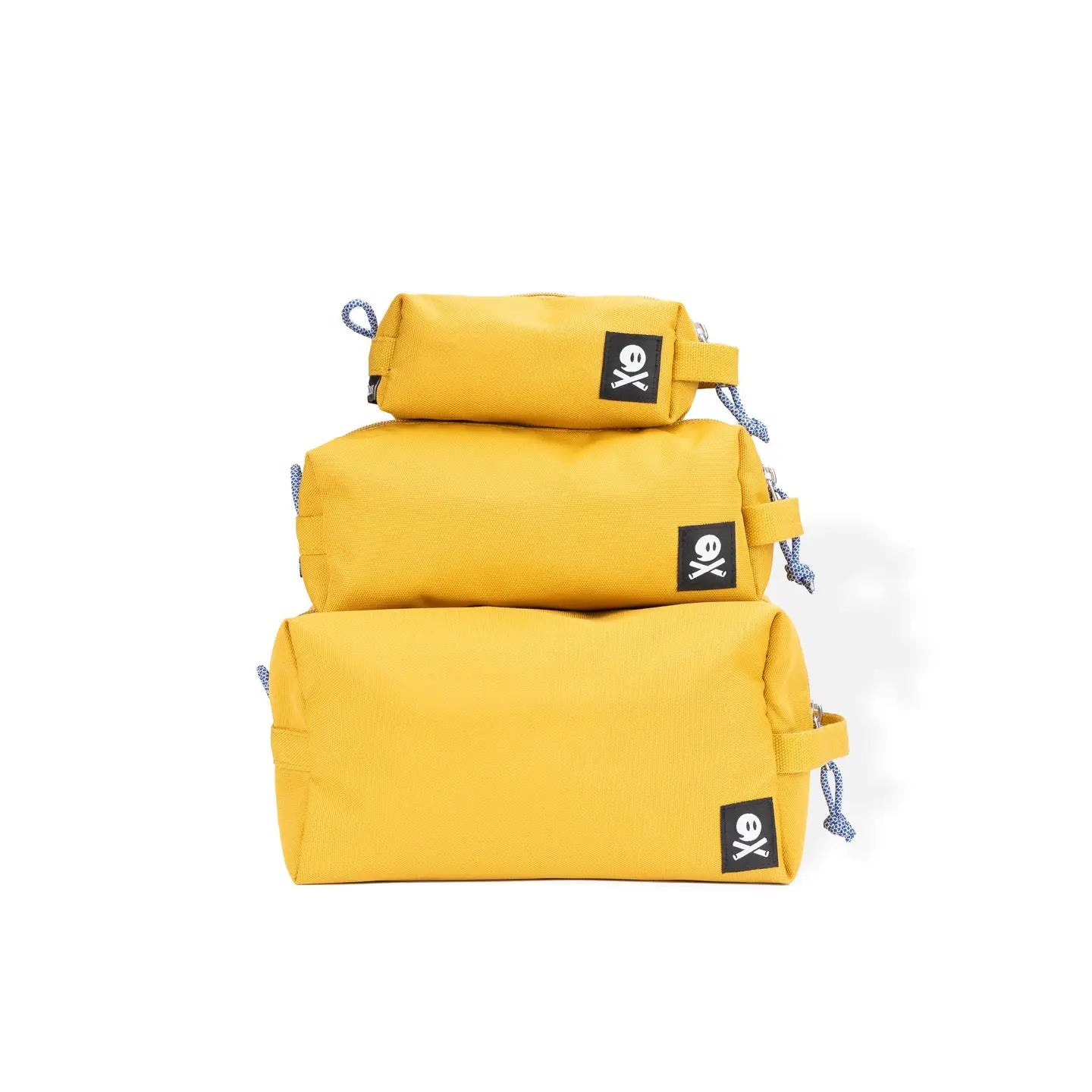 Set of three ochre yellow Ghost Outdoors Dopp Kits, each showcasing bold black and white Ghost Outdoors branded logos.