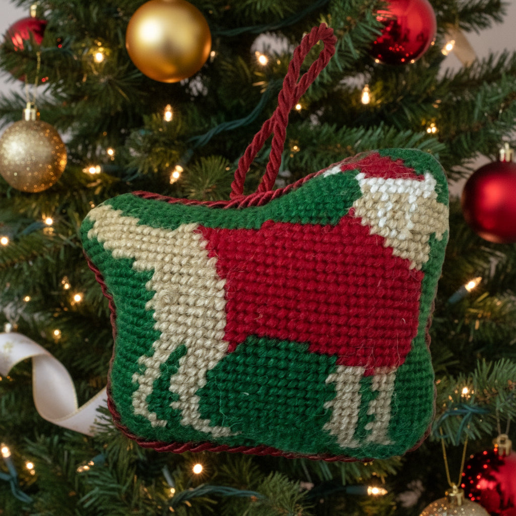 Golden Labrador Christmas needlepoint ornament by Peking Handicraft, red background, festive decor with hanging loop.