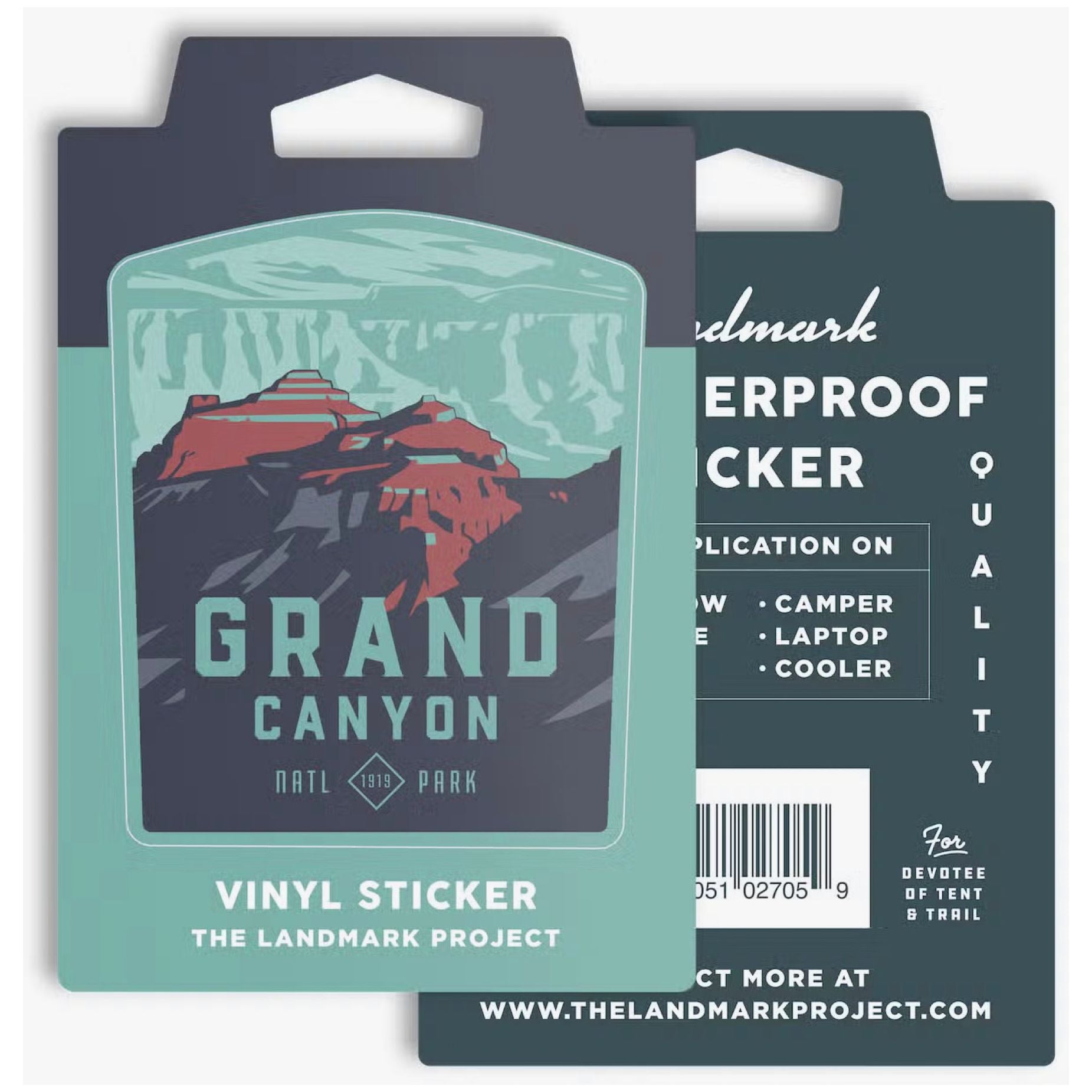 Two weatherproof vinyl stickers from The Landmark Project featuring the Grand Canyon (North Rim) National Park; one showcasing a scenic view and the other including product details and a barcode.