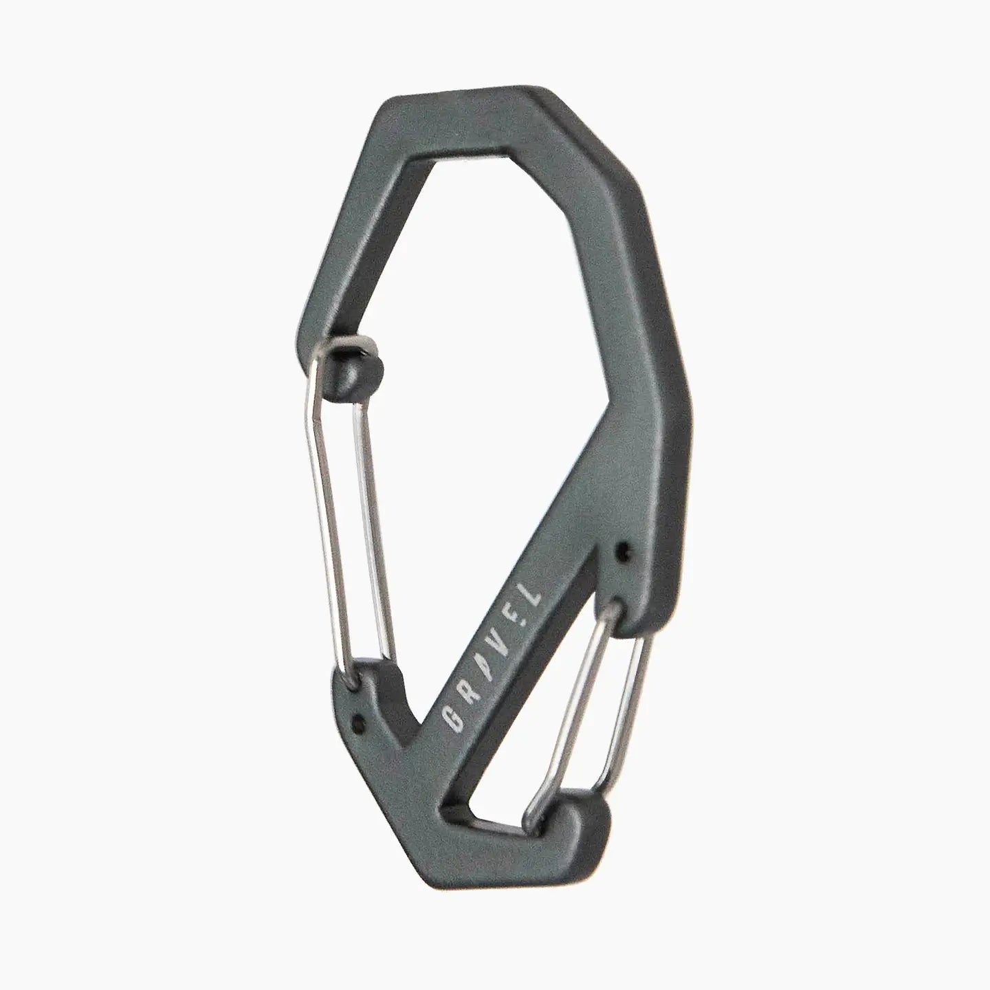 Gray carabiner with 'Bravel' branding on a white background