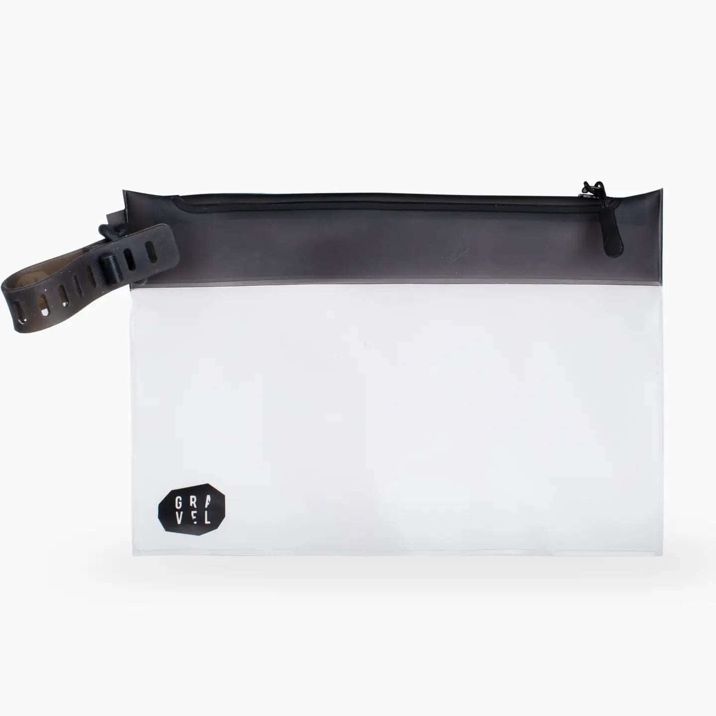 The Gravel Outdoor The Pouch is a clear, TSA-approved toiletry bag with black logo strap—perfect for travel and airport security.