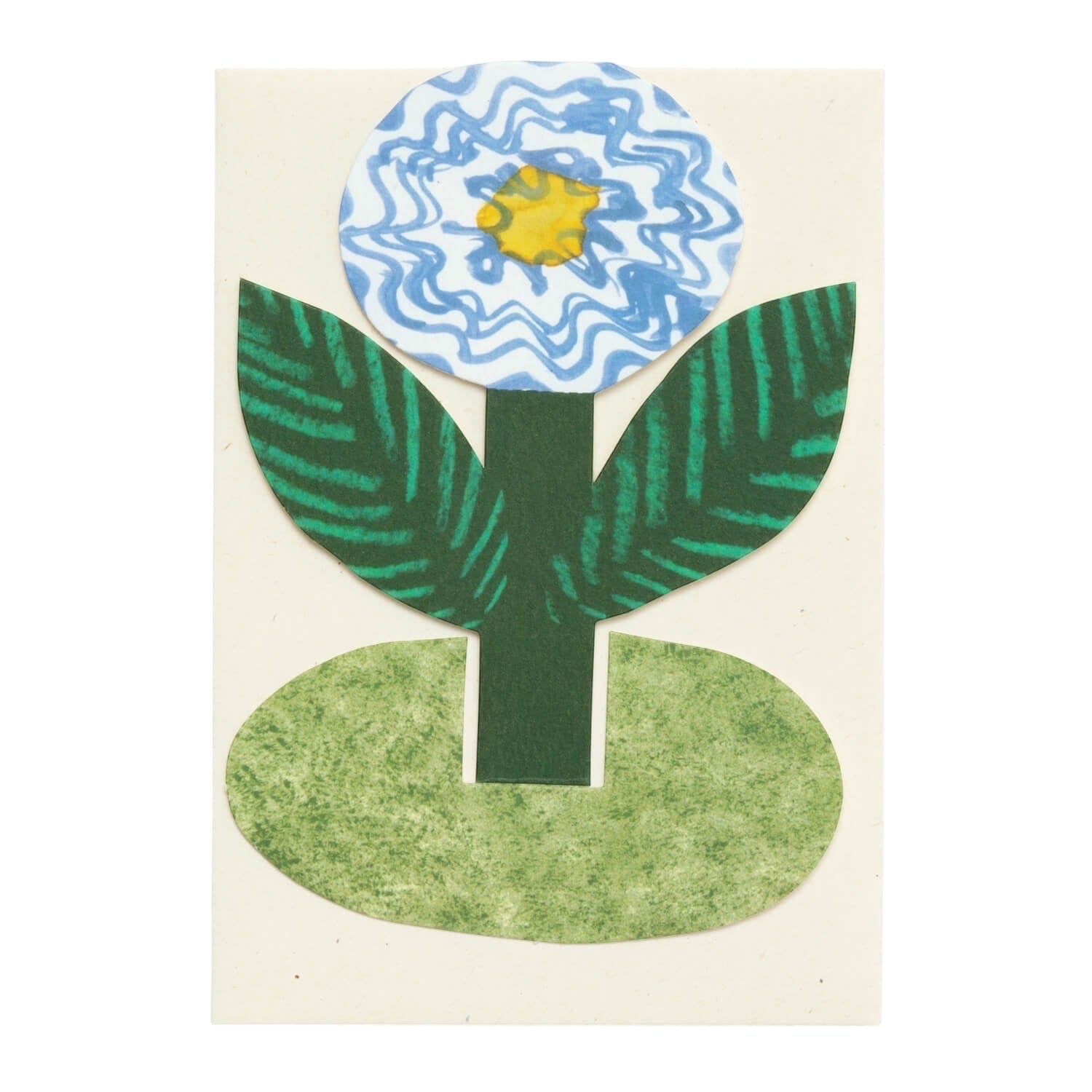 Hadley Blue Flower Stand Up Card features blue and white floral collage, green leaves, and oval base—unique handmade greeting card.