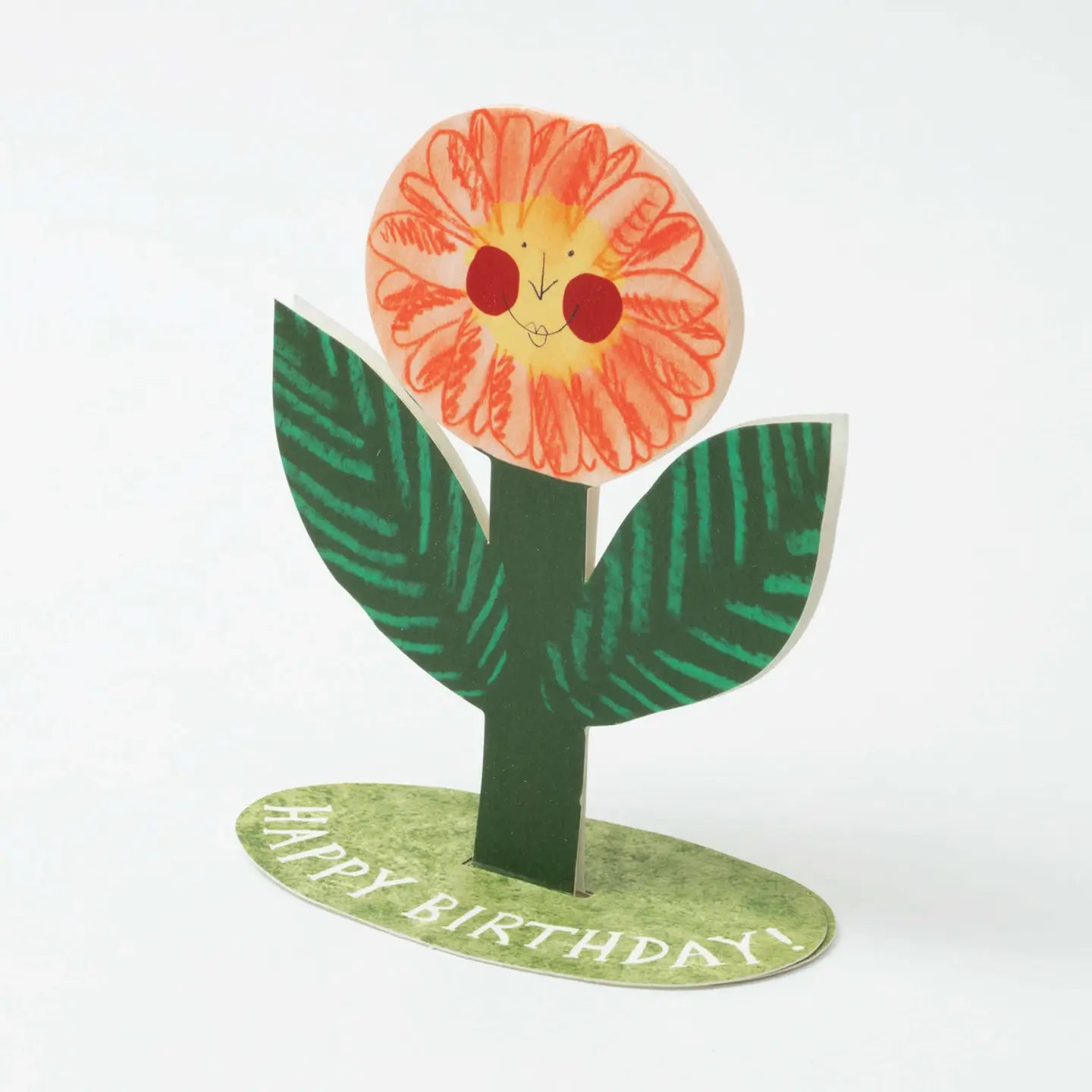 The Hadley Happy Birthday flower card stands up, shaped like a smiling flower—a keepsake birthday greeting card gift.
