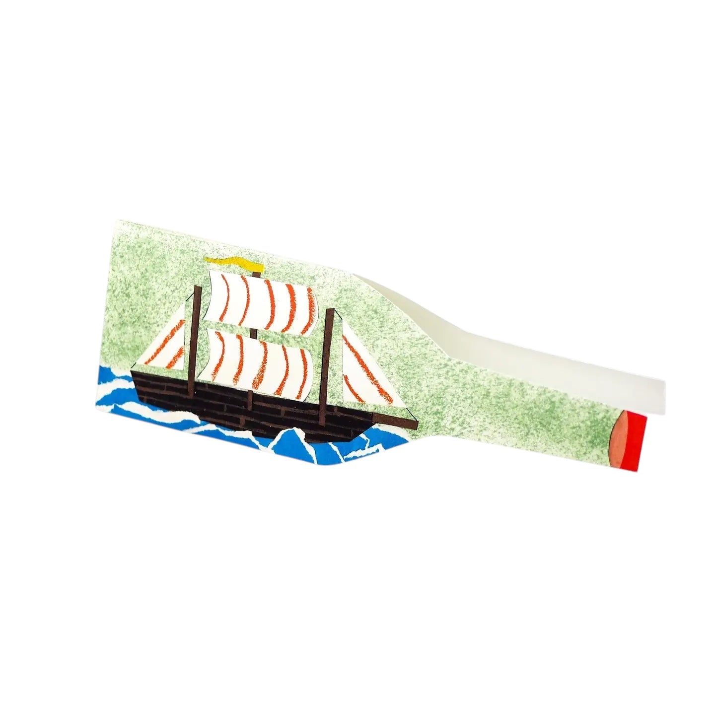 The Hadley Ship In A Bottle Greeting Card features a red sailboat riding blue waves, perfect nautical stationery gift.