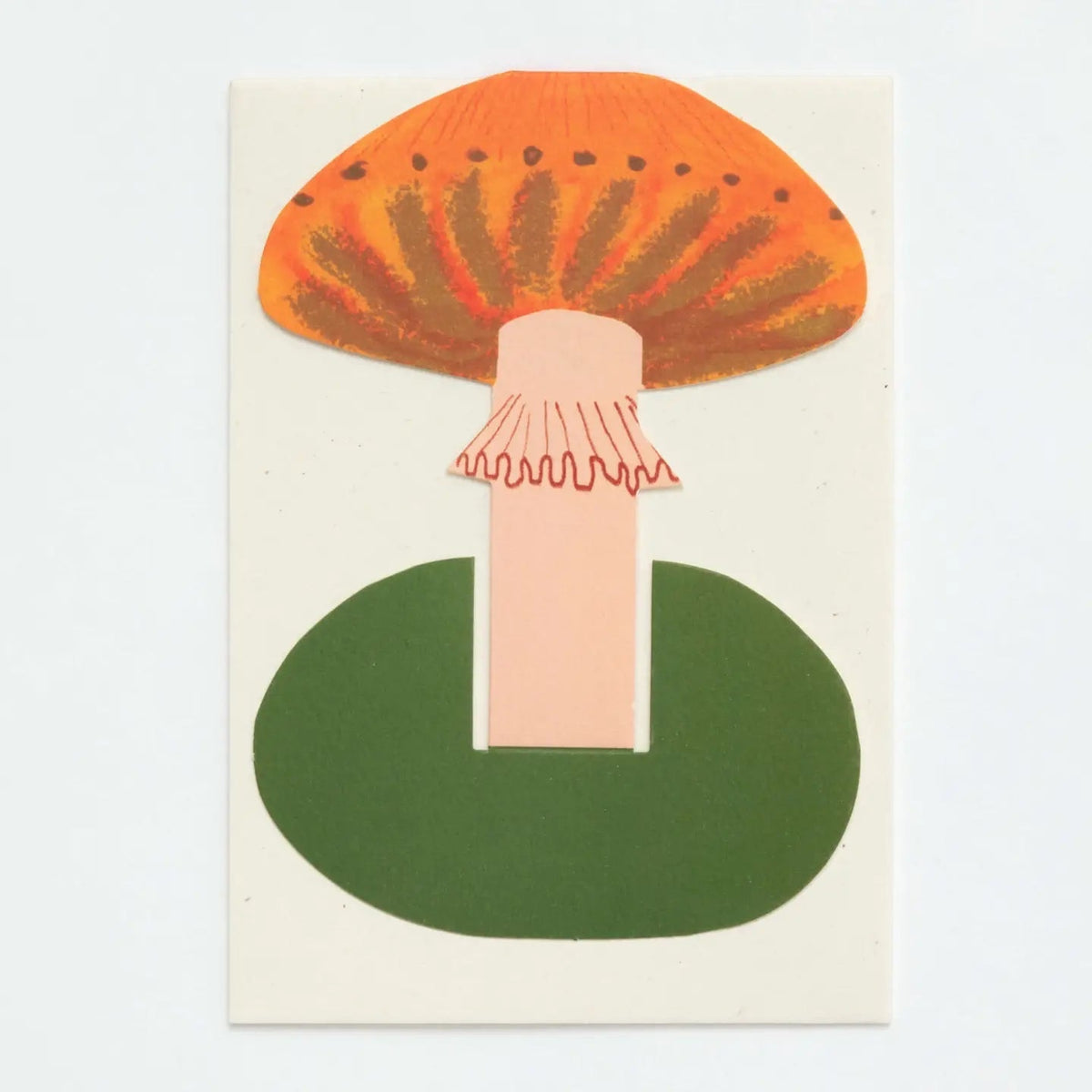 Forager Provisions LTD orange frilly mushroom stand-up greeting card with textured collage detail on eco-friendly card.