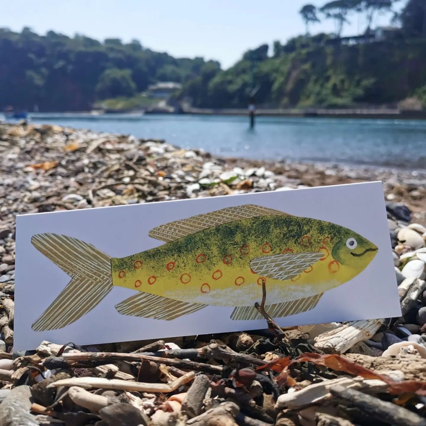 The Hadley Paper Goods Cheery Fish Greeting Card displayed on rocky shore by water and trees, perfect unique nature-themed card.