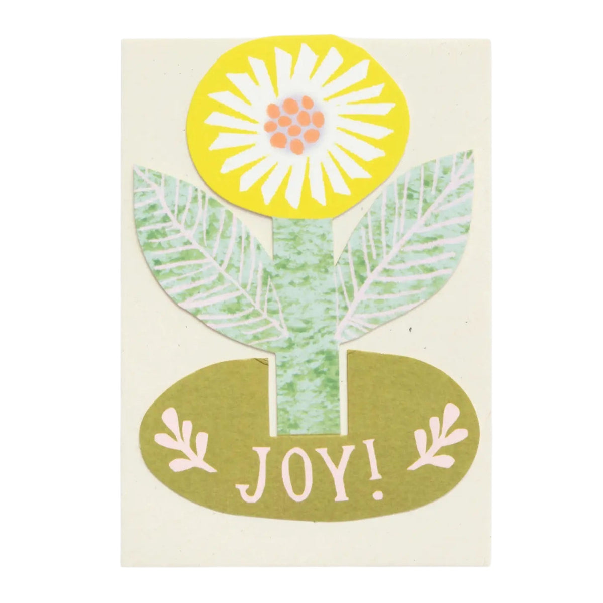 Hadley Joy Flower Stand Up Greeting Card with yellow and white flowers, green leaves, and bold pink "JOY!" text on green.