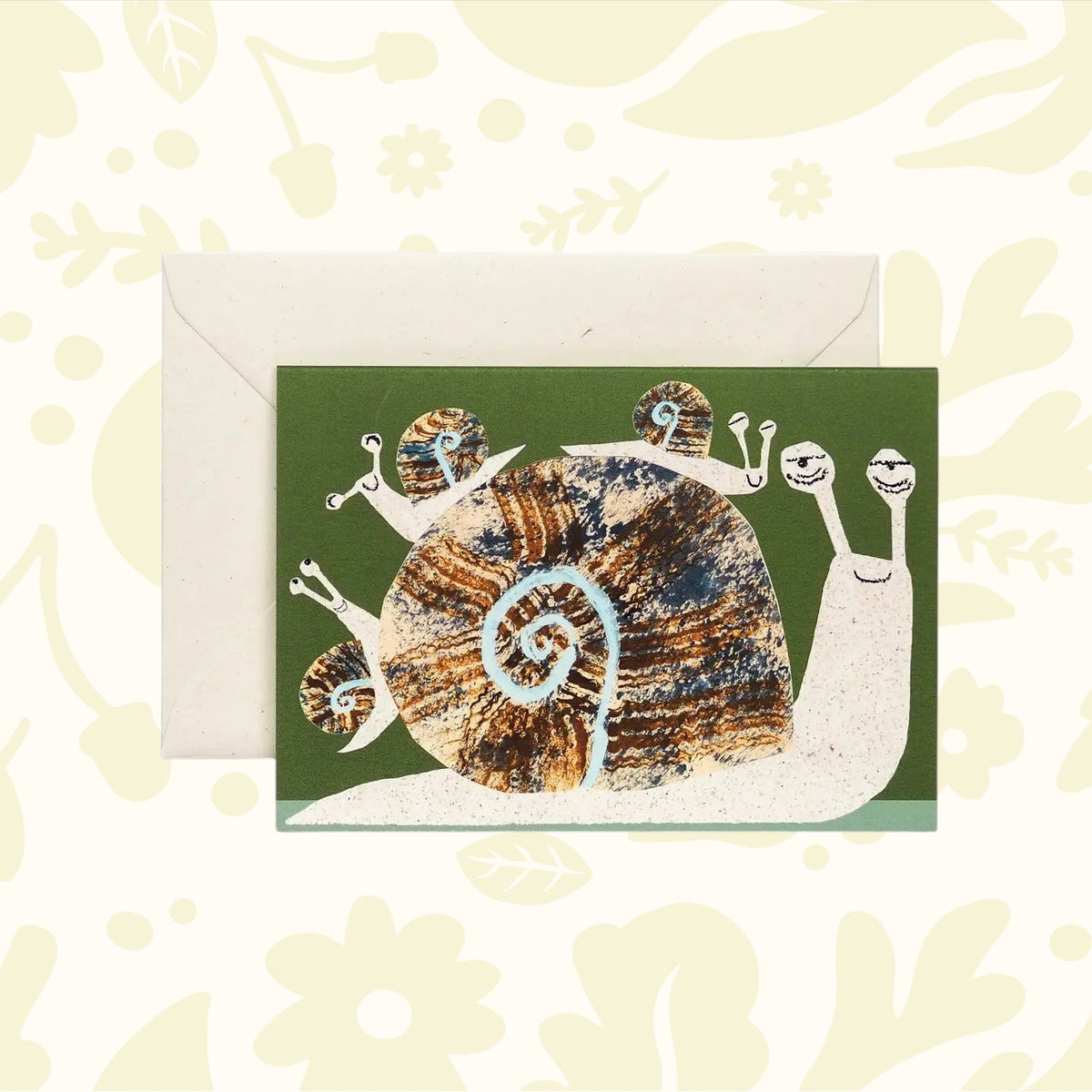 Hadley Snail Family Greeting Card—large snail, four smiling snails on green background, cute stationery, envelope included.