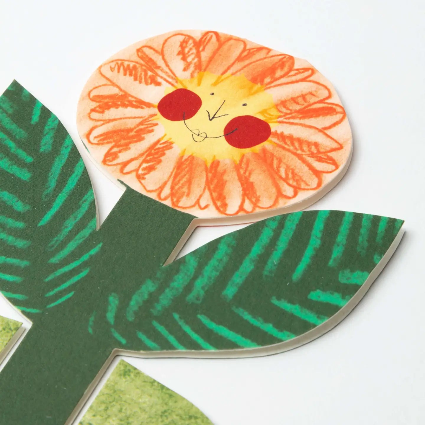 Cheerful Happy Birthday card with smiling orange flower, green leaves, and white background—perfect floral celebration greeting!.