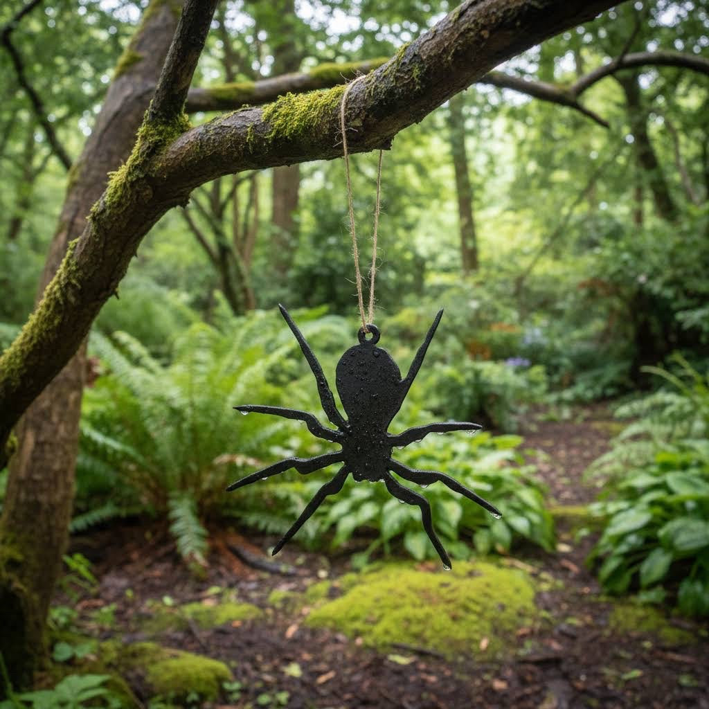 Forager Provisions LTD iron spider hanging decoration with a rustic finish suspended from a mossy tree branch outdoors.