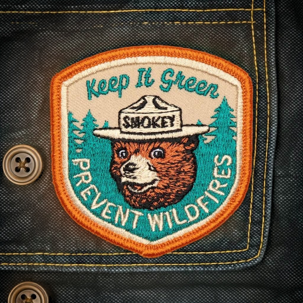 Forager Provisions LTD Smokey Bear Keep It Green embroidered patch on a dark denim jacket pocket.