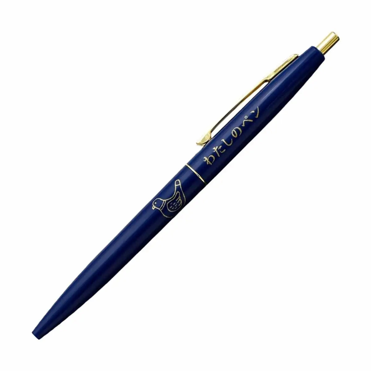 Hightide New Retro Knock Ballpoint Pen Blue Dove with gold clip, dove illustration, and Japanese text on sleek blue barrel.