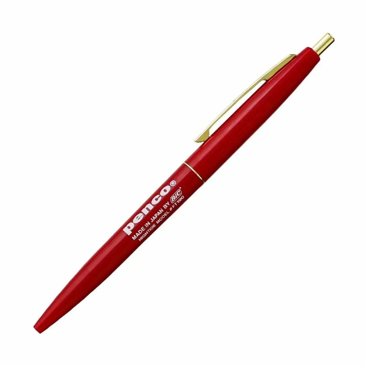 A red Hightide Penco Knock Ballpoint Pen with gold accents and a clip, featuring white text that reads "Penco Made in Japan Pilot BPRF-6F-B," offering a smooth writing experience, isolated on a white background.