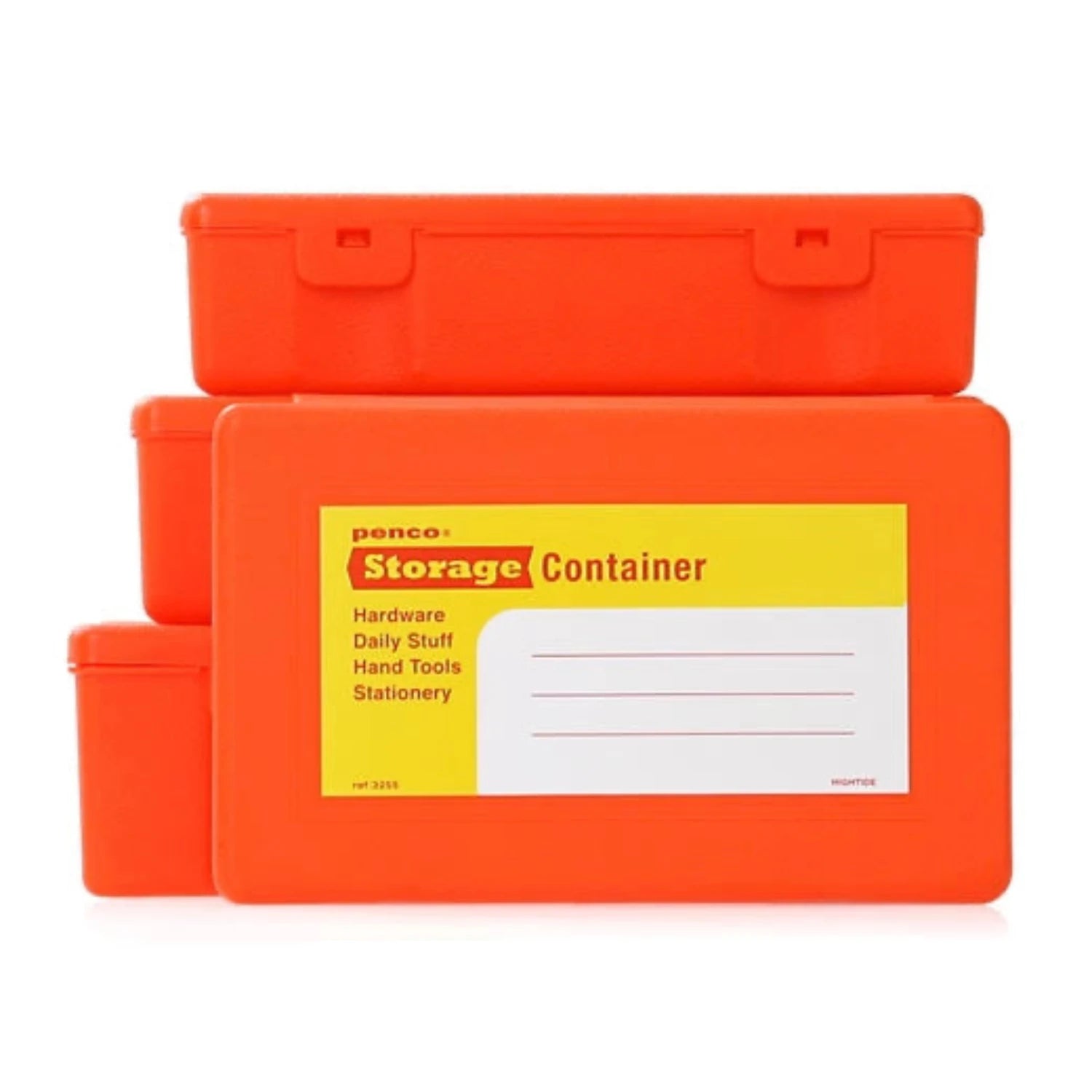 The Hightide Penco Storage Container Set of 4 in vibrant orange includes retro-looking, stackable plastic containers that come with labels for hardware, daily essentials, hand tools, and stationery.