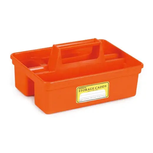 The Hightide Penco Storage Caddy in orange is a plastic organizer featuring a handle and multiple compartments to help keep your desk tidy. It also includes a yellow label affixed to the front.