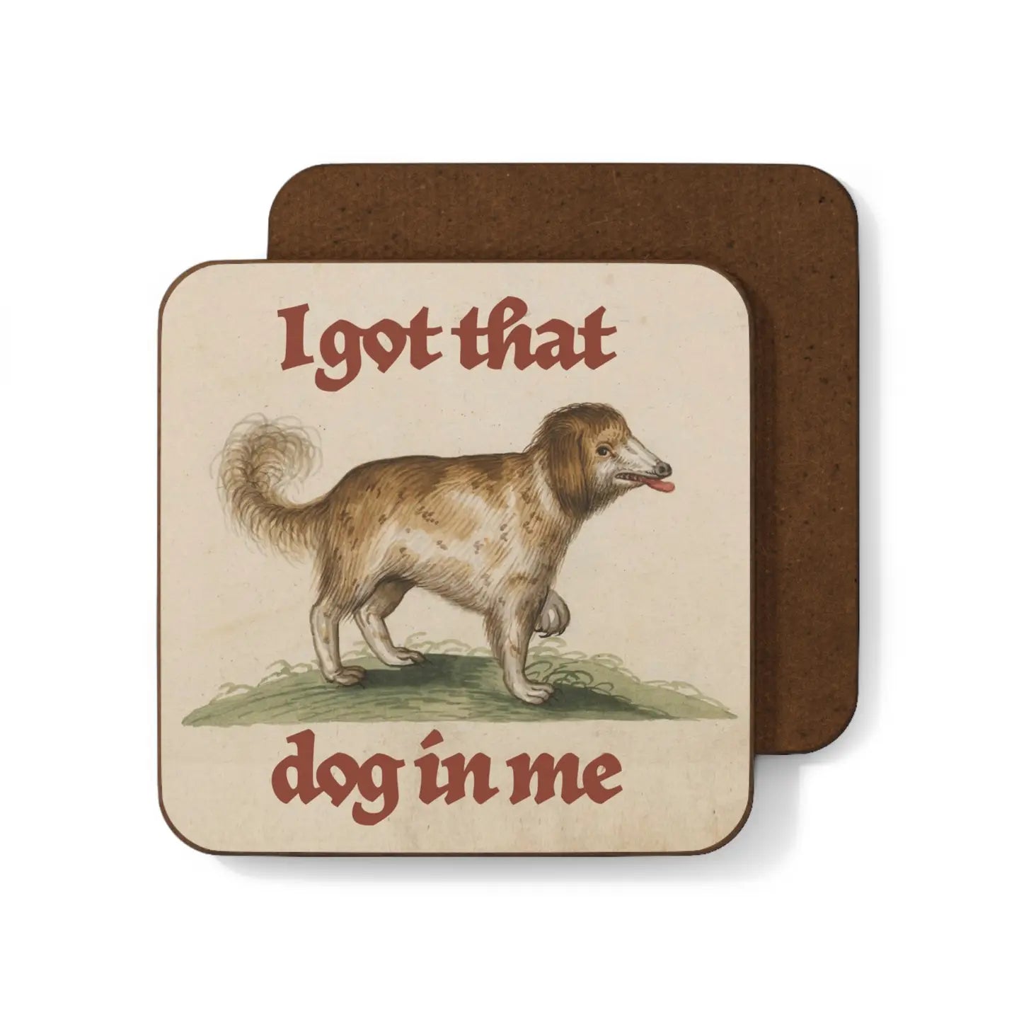 Betiobca coaster with medieval dog meme, bold red Gothic text, perfect quirky alt room décor and unique funny dog gift.