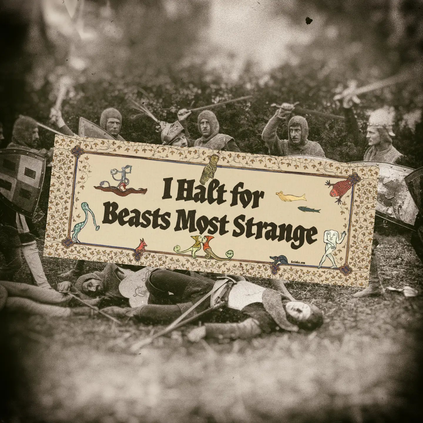 Medieval reenactors in armor show Betiobca bumper sticker: “I Halt For Beasts Most Strange” at history festival event.