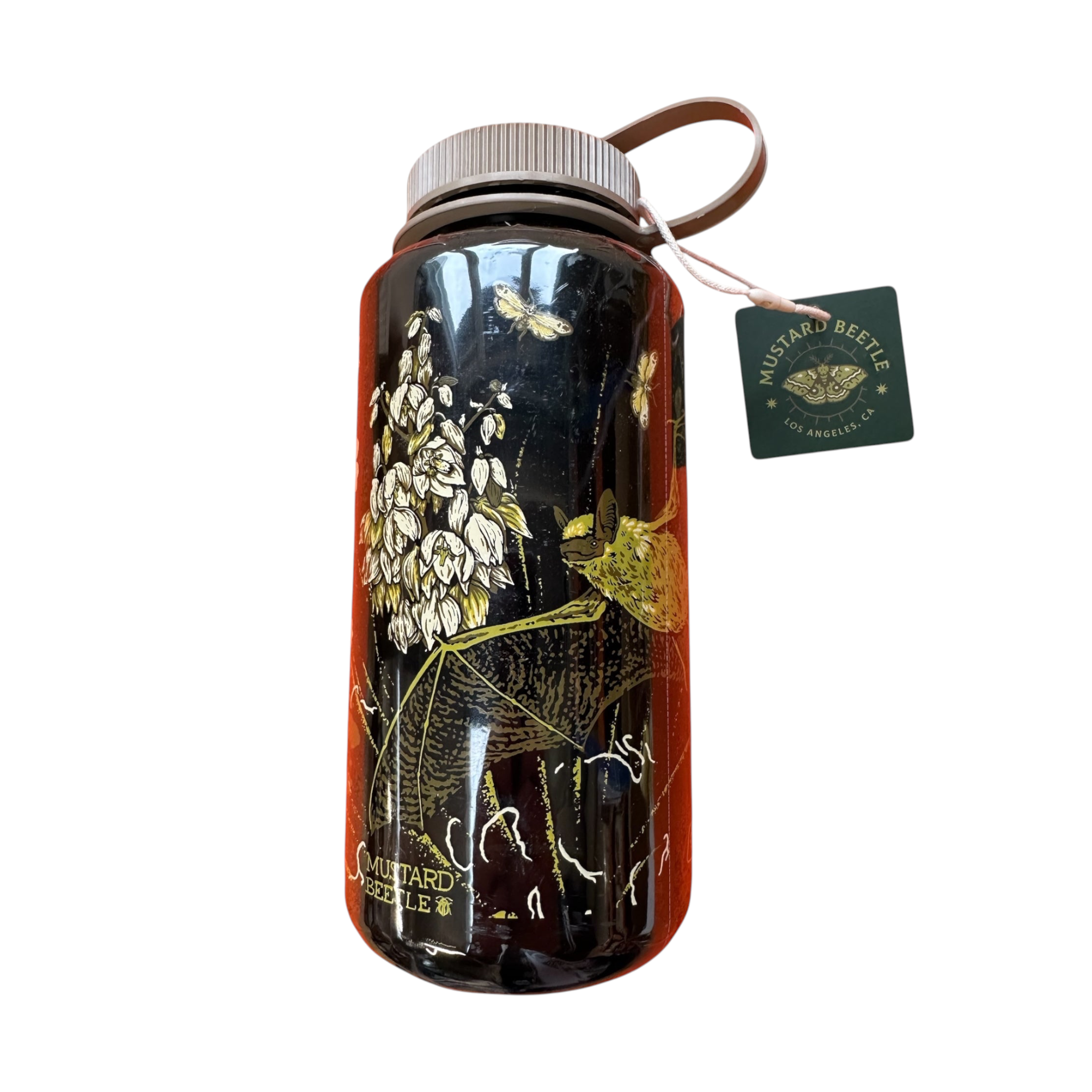 Mustard Beetle Nalgene 32oz Water Bottle, clear BPA-free plastic, beige lid, leaf print, green tag; eco-friendly hydration.