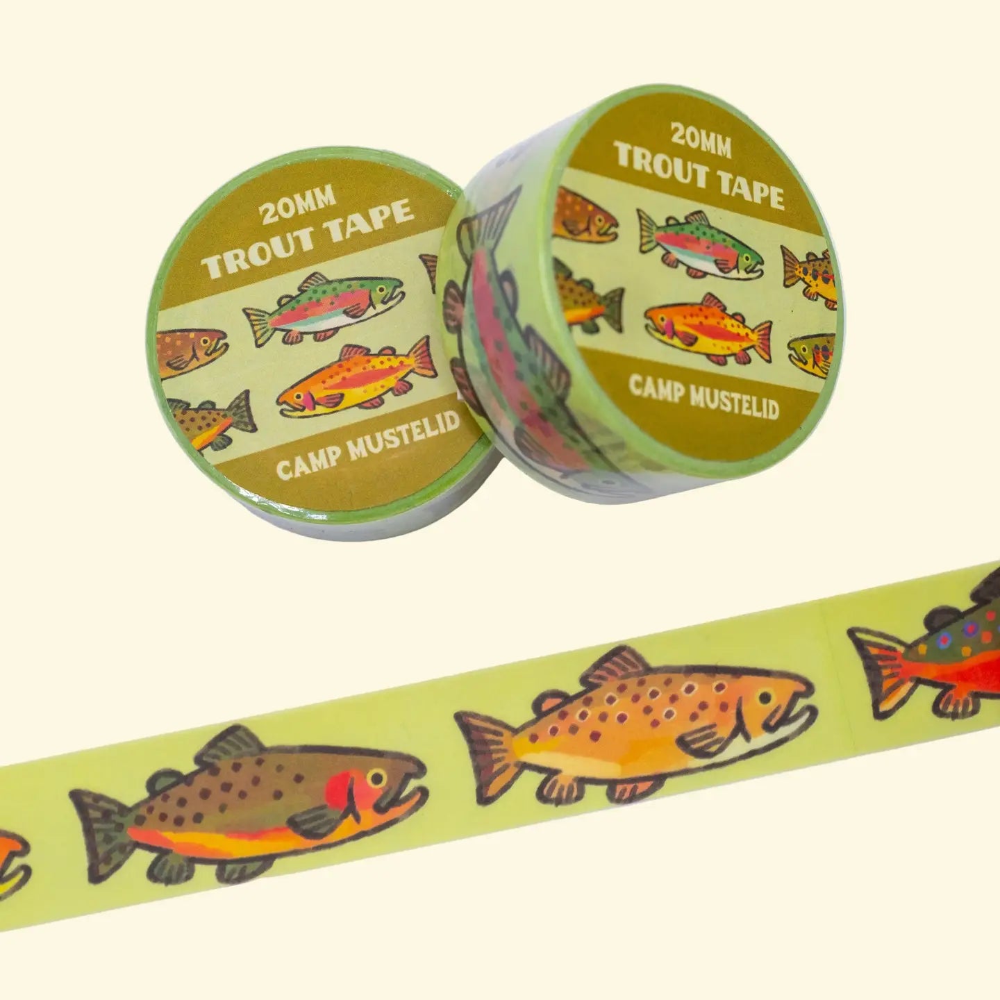 Camp Mustelid Trout Washi Tape by Forager Provisions LTD: 2 rolls, cartoon trout fly fishing, decorative craft tape set.