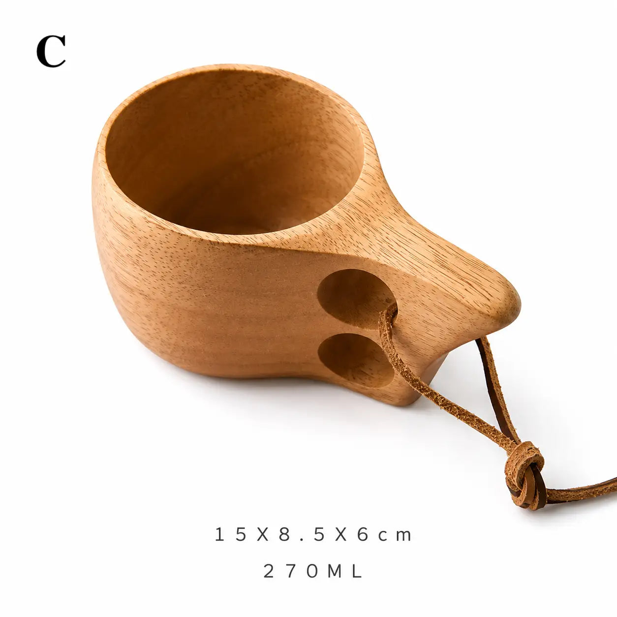 Forager Provisions Portable Wooden Kuksa Camping Cup 270ml, two finger holes, leather strap, eco-friendly 15x8.5x6cm mug.