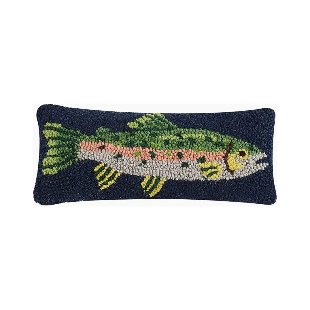 The Peking Handicraft Small Trout Wool Hook Cushion showcases a vibrant fish design, meticulously crafted from 100% wool in intricate hooked detail, all set against a dark blue background.