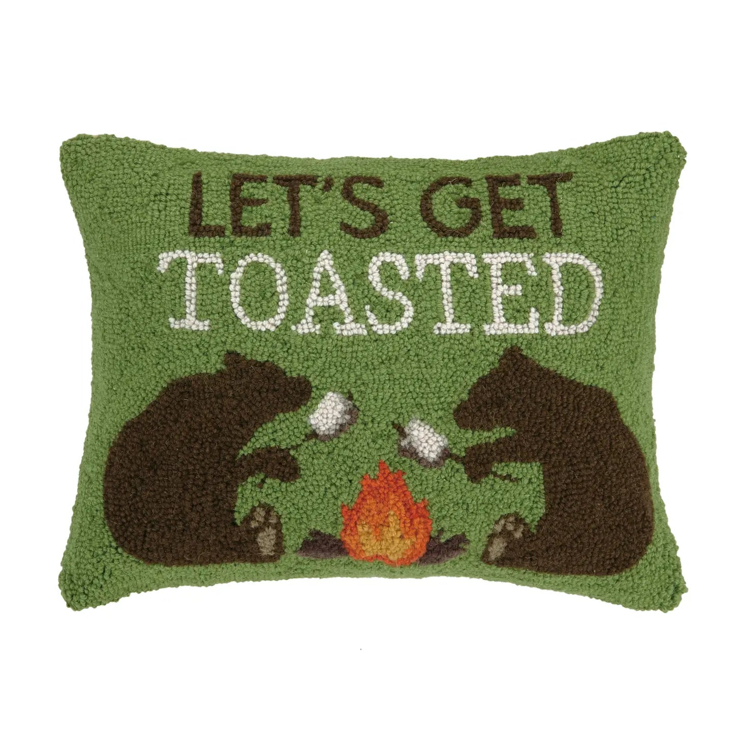 The Peking Handicraft Lets Get Toasted Wool Hook Cushion is a green wool accent pillow adorned with two camping bears toasting marshmallows over a campfire, accompanied by the text "LET'S GET TOASTED.