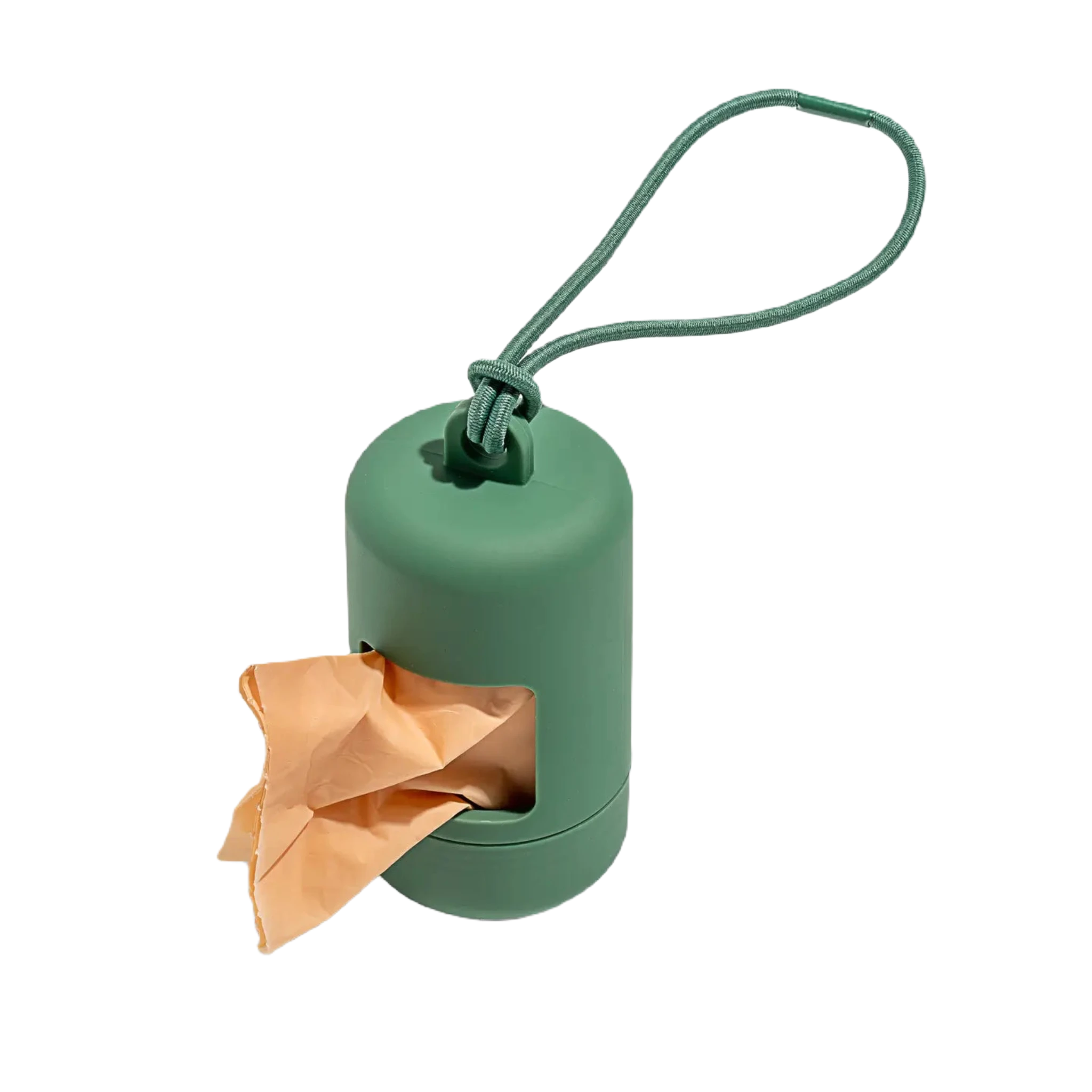 The Wild One Dog Poop Bag Dispenser Holder in Spruce, featuring a green cylindrical design with a green rope handle and containing brown eco-friendly poop bags, is showcased against a white background.