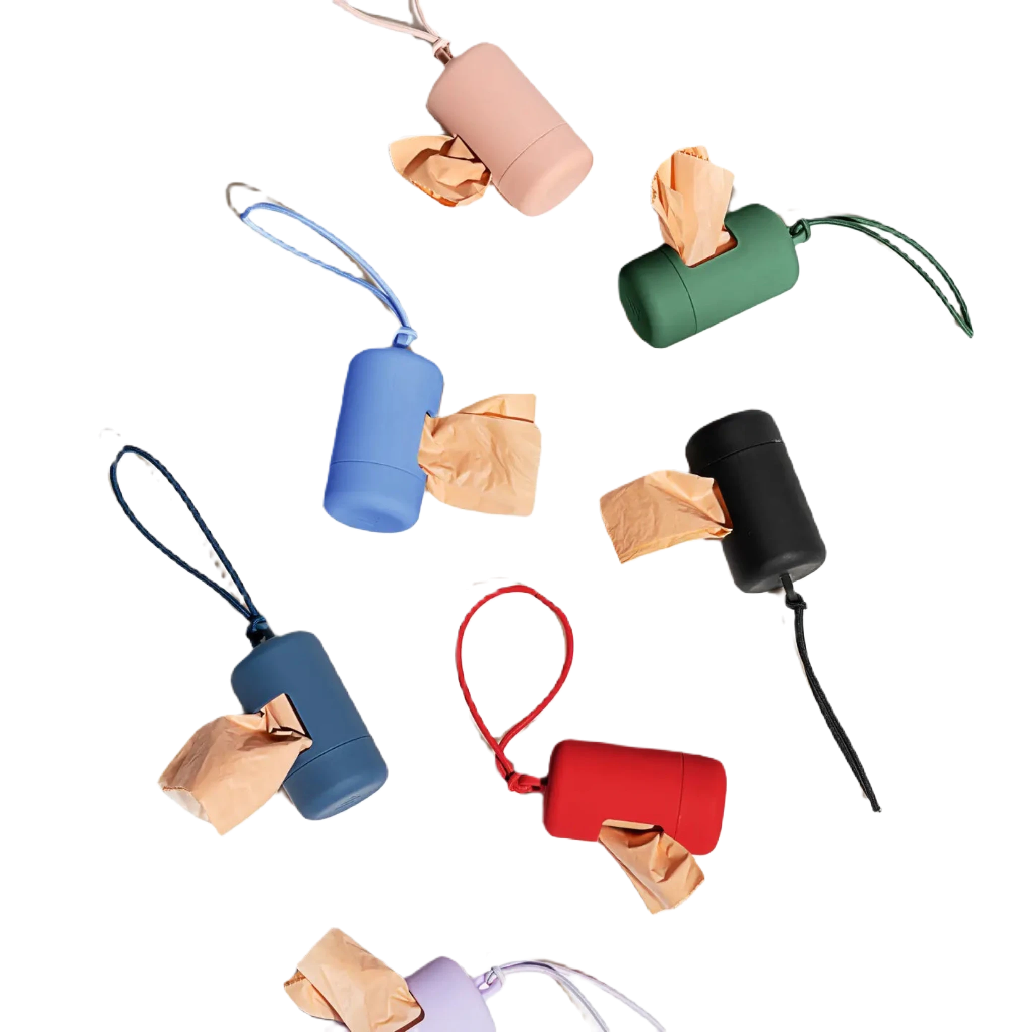 The Wild One Dog Poop Bag Dispenser Holder in Spruce, featuring a green cylindrical design with a green rope handle and containing brown eco-friendly poop bags, is showcased against a white background.