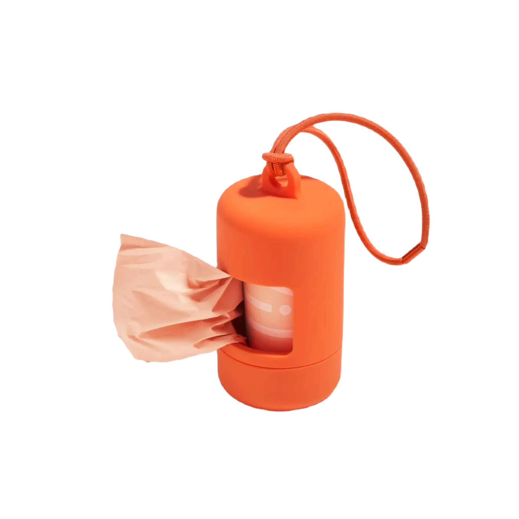 The Wild One Dog Poop Bag Dispenser Holder in Blaze Orange is an eco-friendly, cylindrical container with a handle that dispenses a single brown poop bag from an opening on the side, making it the perfect leash accessory.