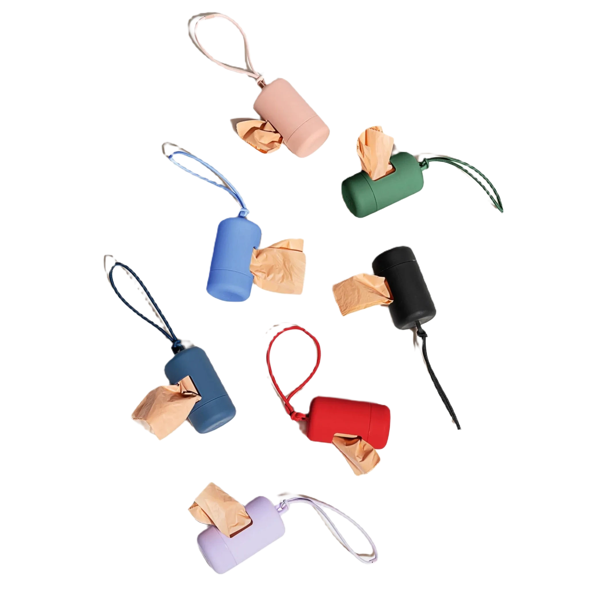 The Wild One Dog Poop Bag Dispenser Holder in Blaze Orange is an eco-friendly, cylindrical container with a handle that dispenses a single brown poop bag from an opening on the side, making it the perfect leash accessory.