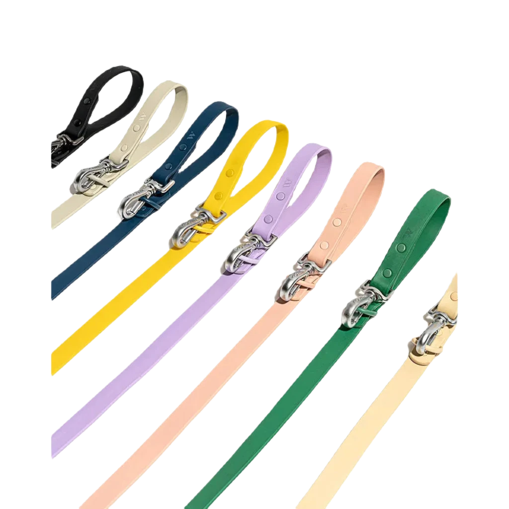 A Spruce-colored Wild One adjustable waterproof dog leash, featuring multiple length adjustments and a metal clasp, coiled neatly on a white surface. Crafted from all-weather materials, it pairs perfectly with a matching collar or harness.